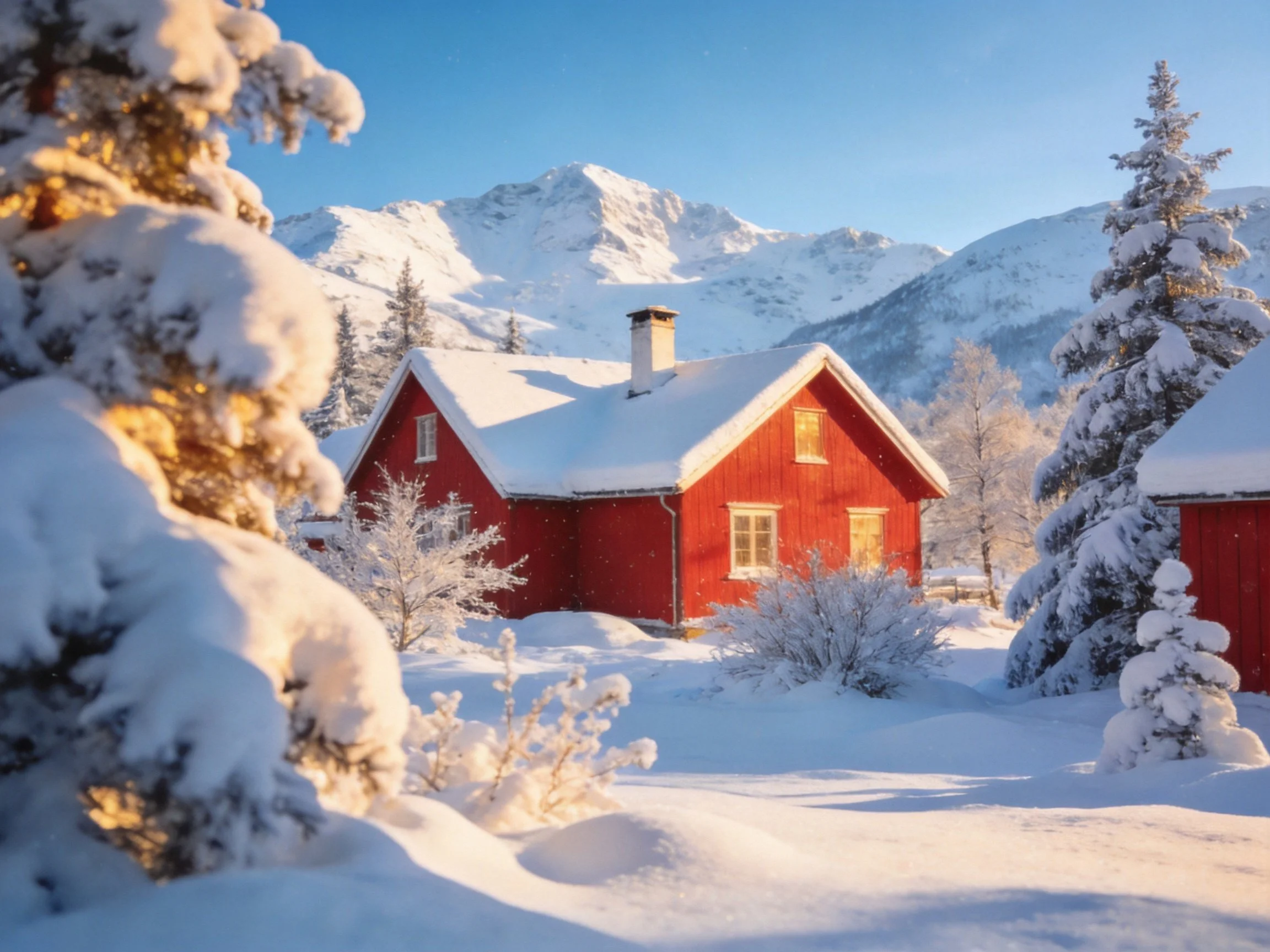 Bright red cabin amidst snowy landscape and mountain backdrop