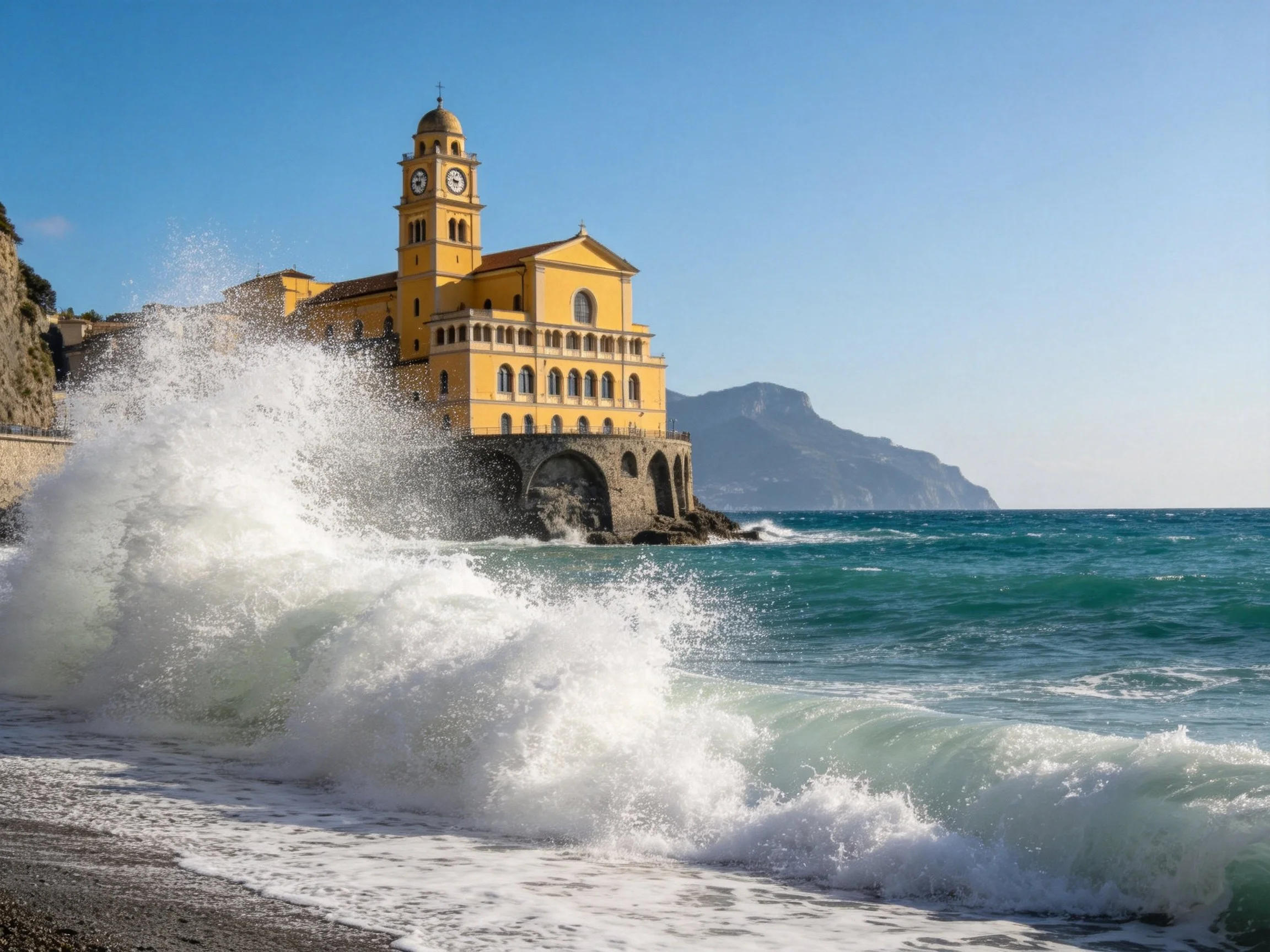 Bright yellow church beside crashing turquoise ocean waves