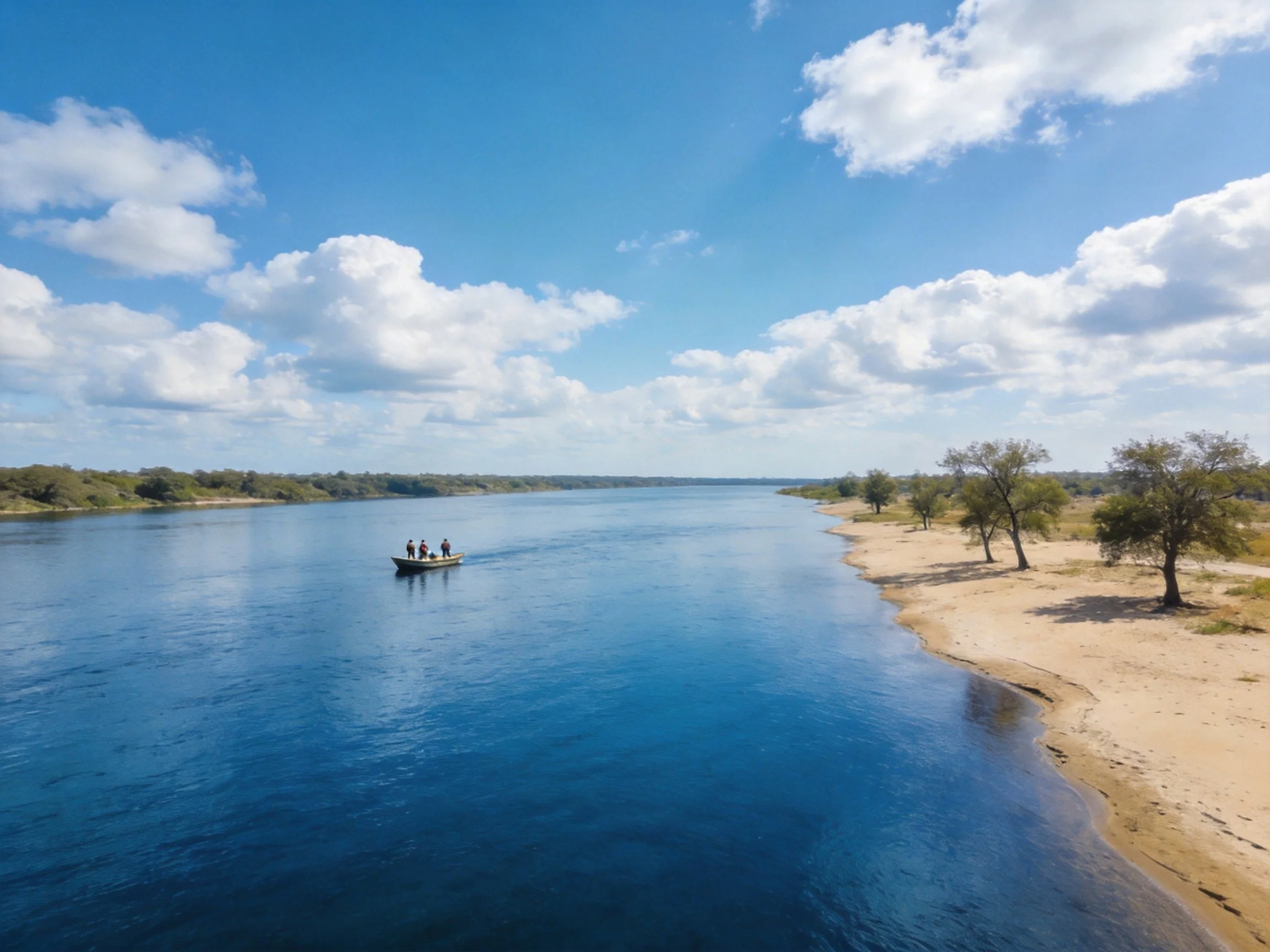 Broad river with sandy shores, scattered trees, and a small boat under sunny sky