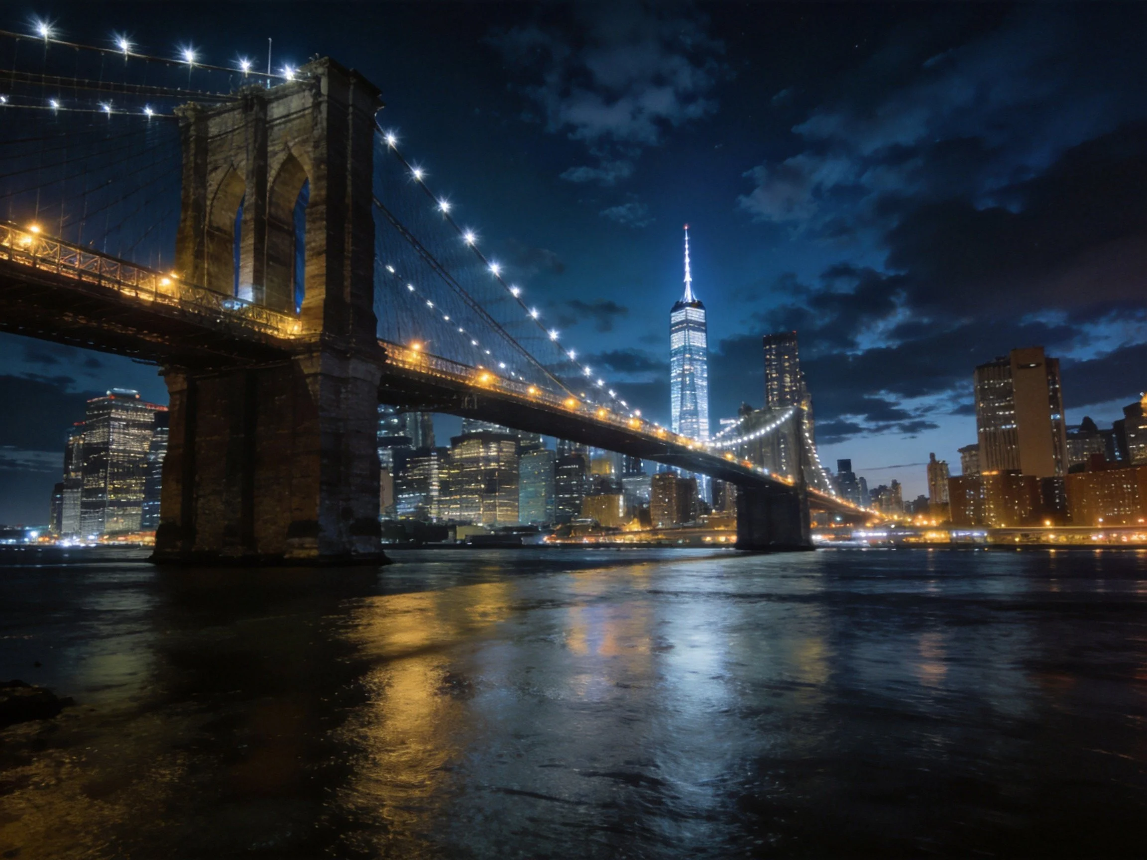 Brooklyn Bridge illuminated with city skyline at night