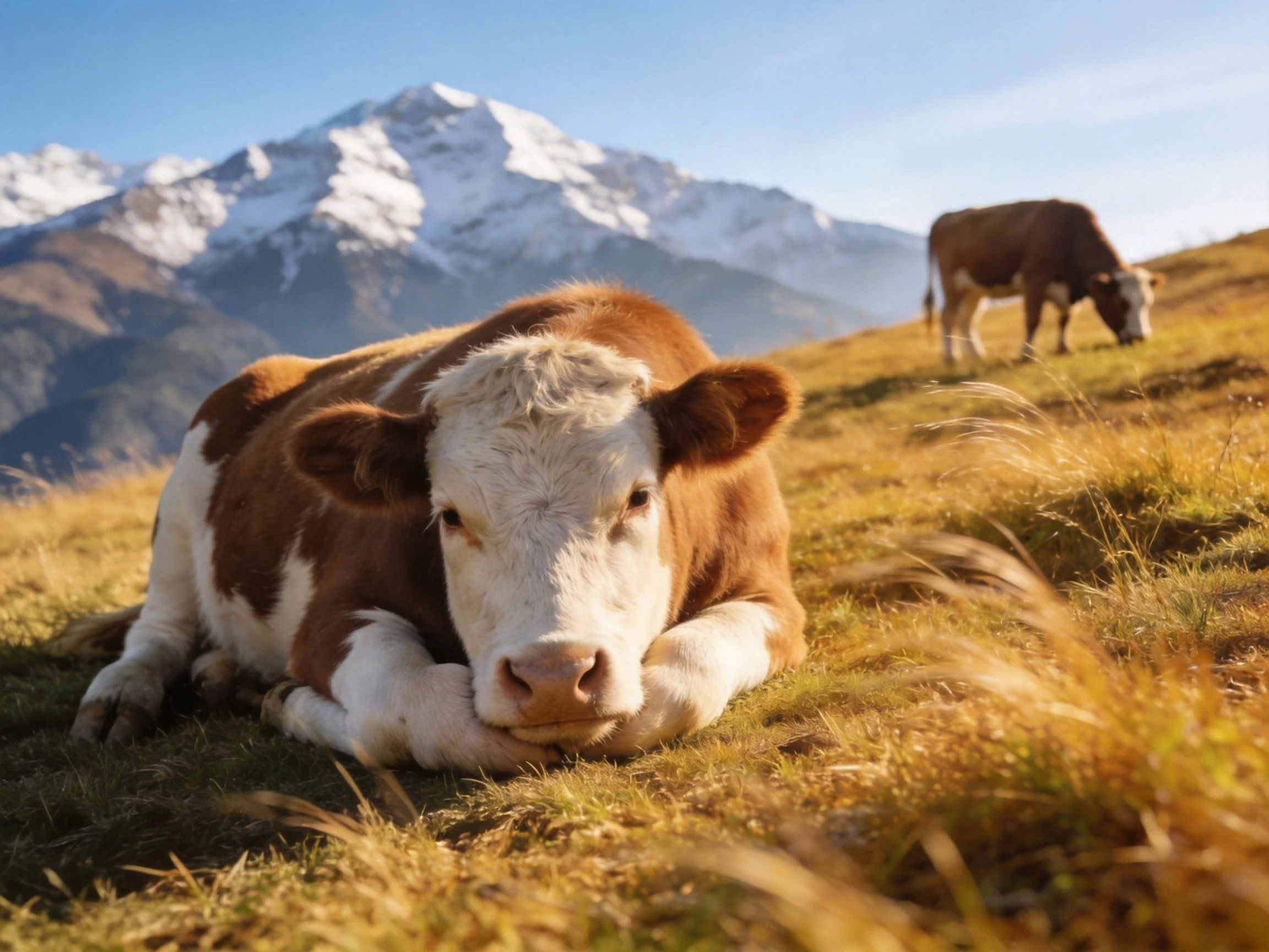 Brown and white cow rests near snow-capped mountain with grazing companion