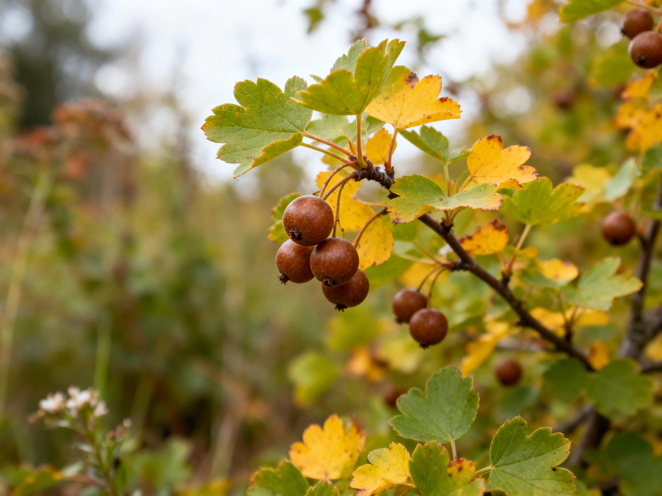 Brown berries cluster amid green and yellow leaves on a bushy branch