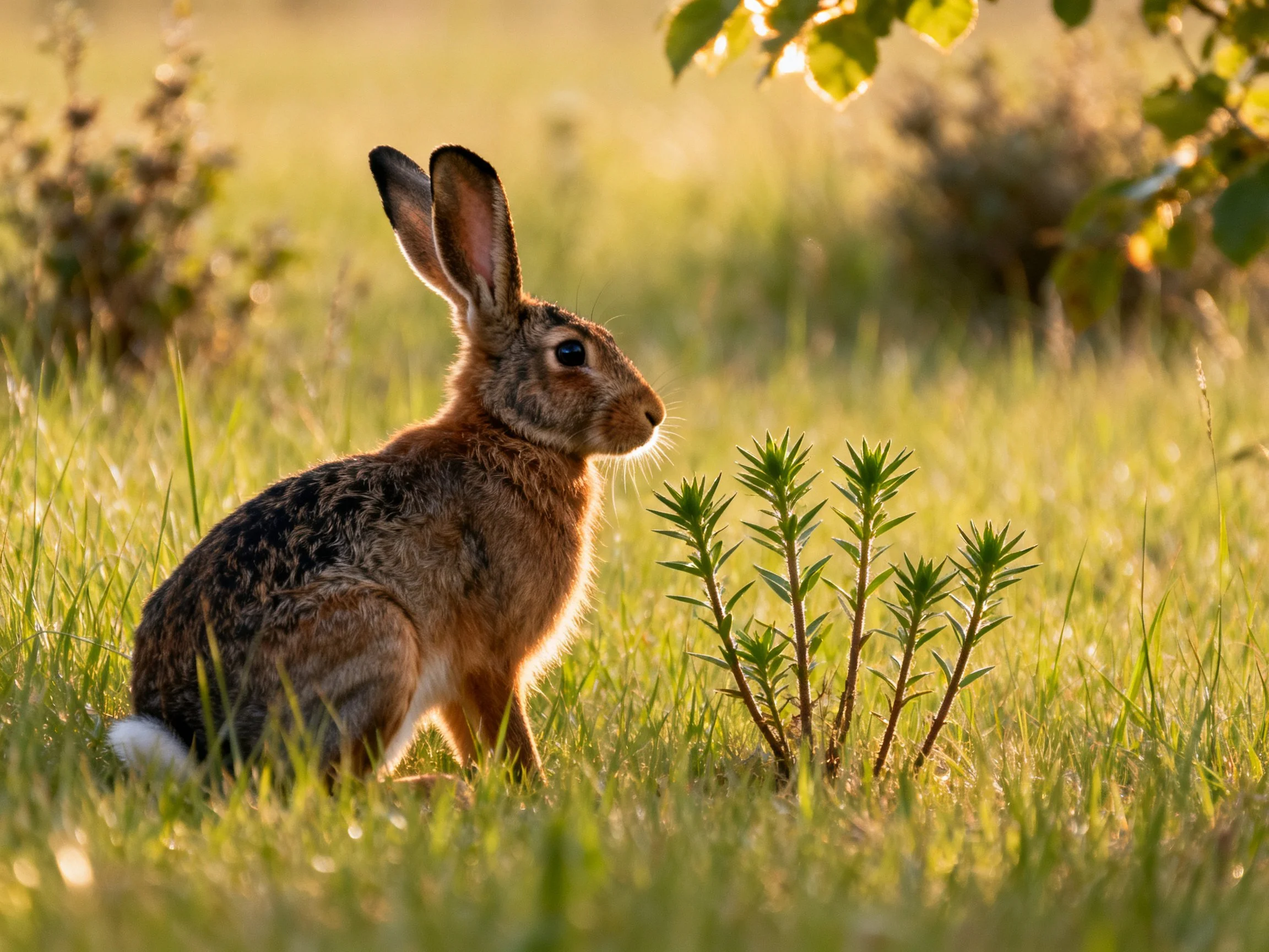 Brown hare resting in sun-drenched grassland with spiky vegetation