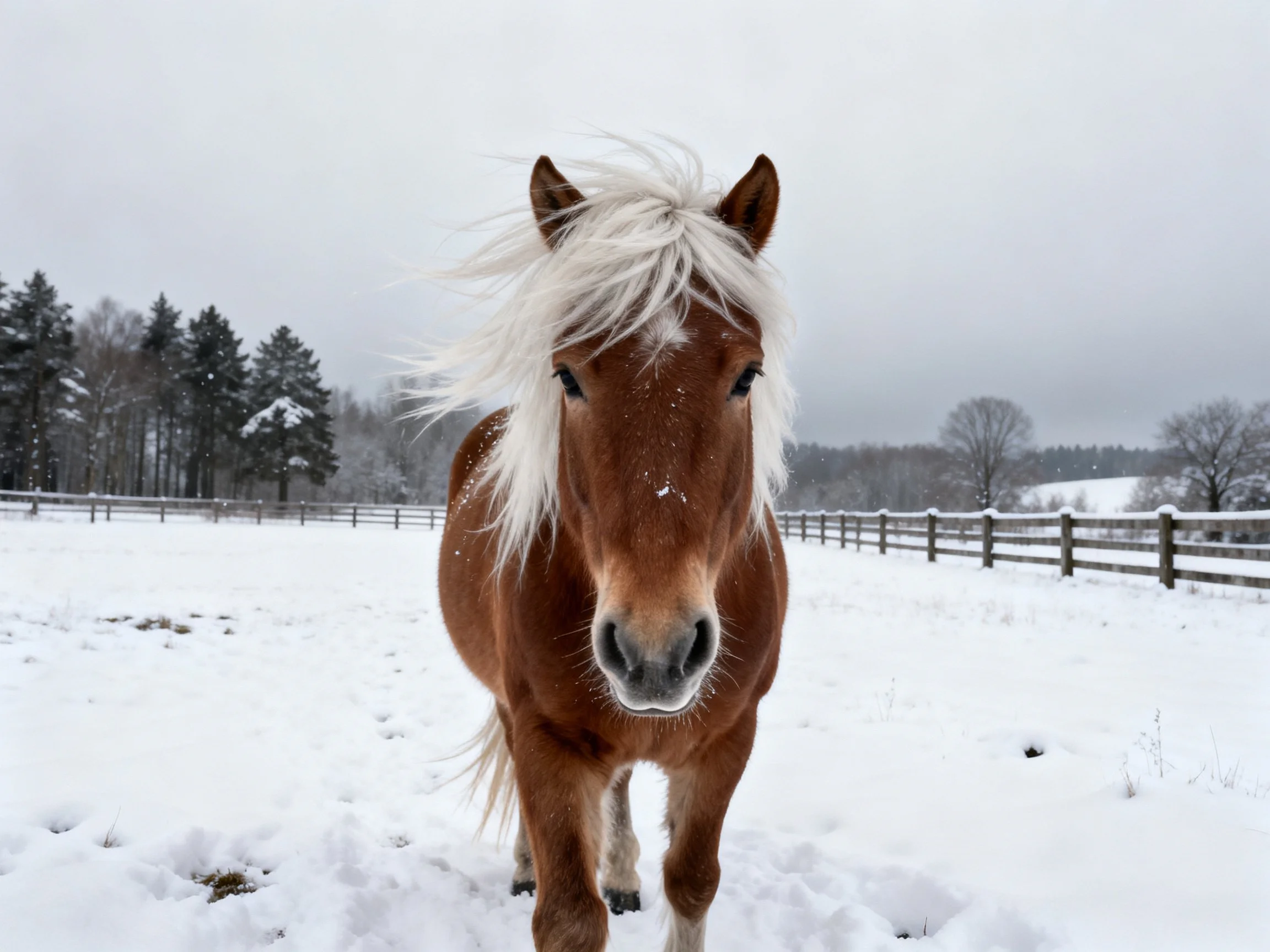 Brown horse with white mane in snowy fenced pasture