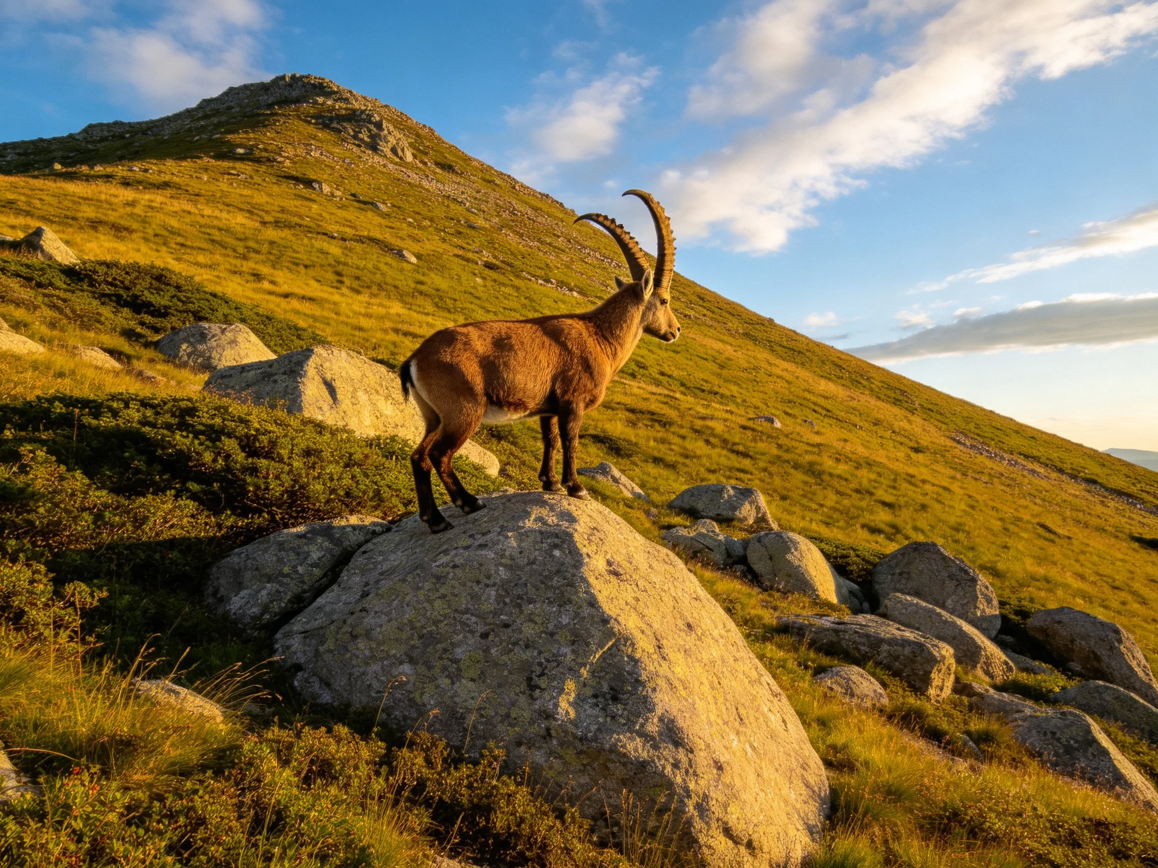 Brown ibex stands atop large gray rock in sunlit mountain meadow
