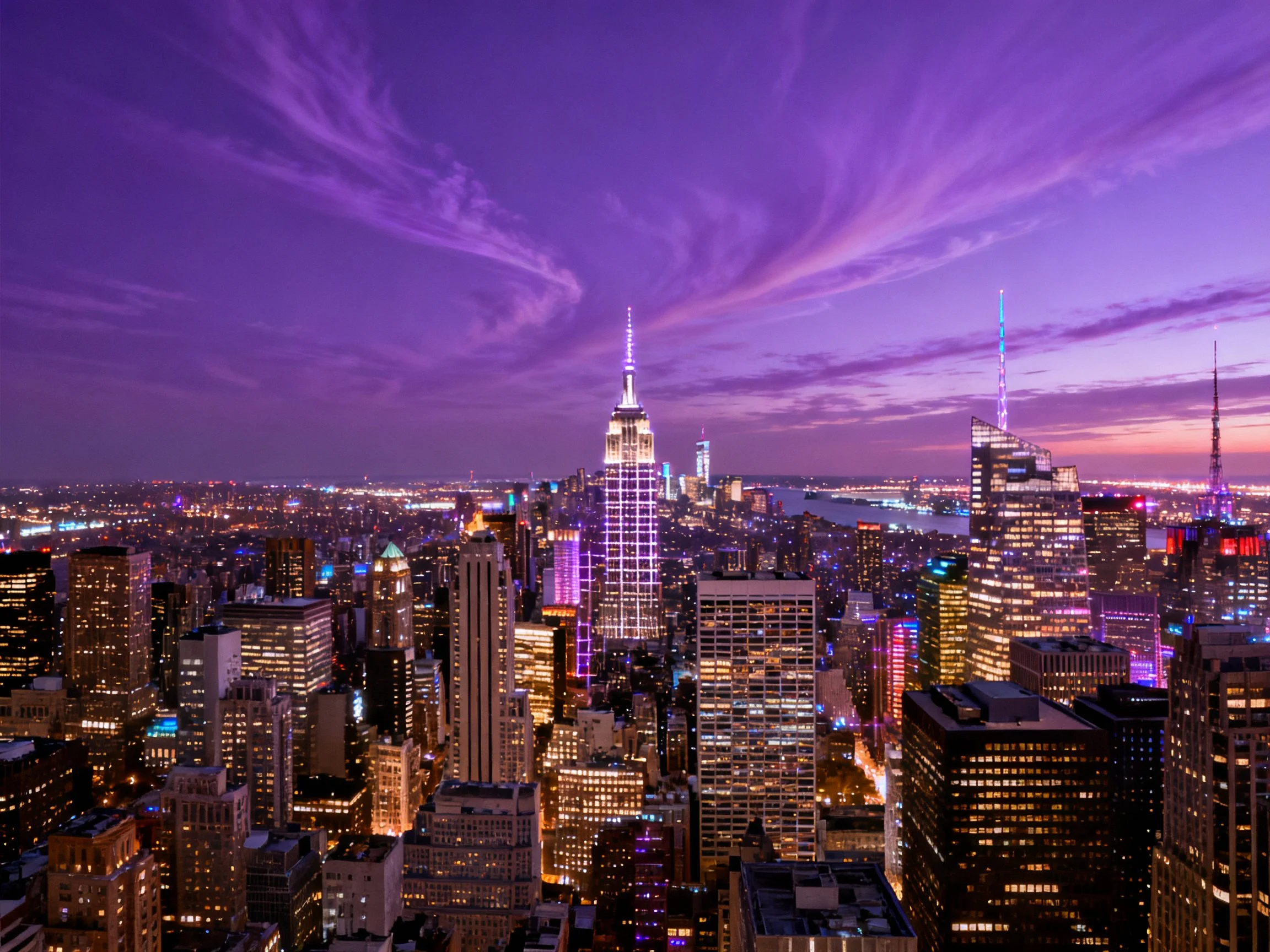 Bustling city skyline under vibrant purple twilight