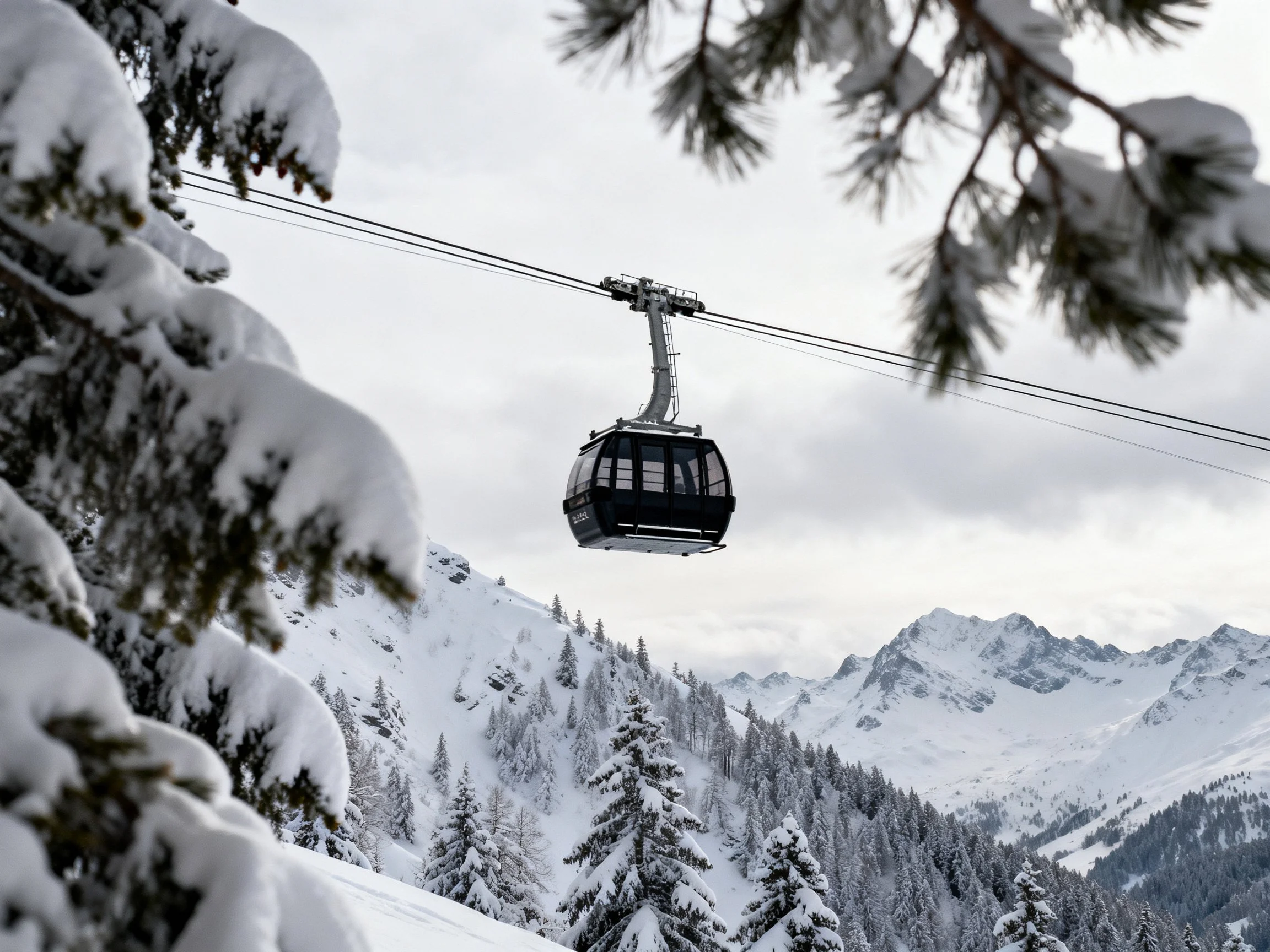 Cable car suspended over snow-laden mountain forest