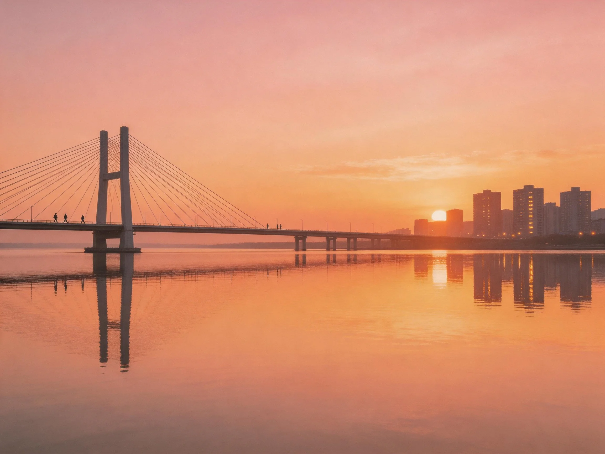 Cable-stayed bridge spans calm water at sunset