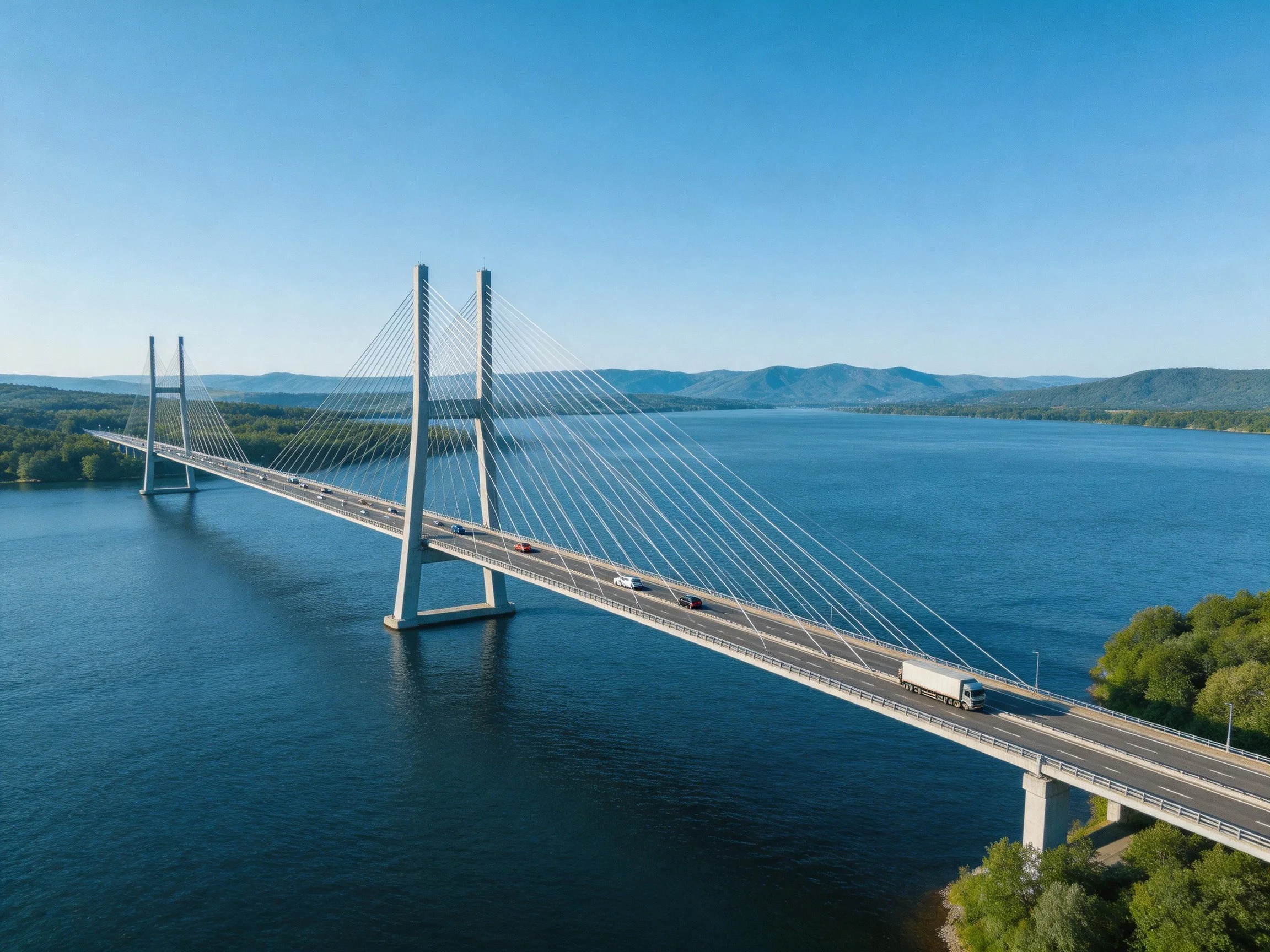 Cable-stayed bridge spans expansive blue water between forested landscapes