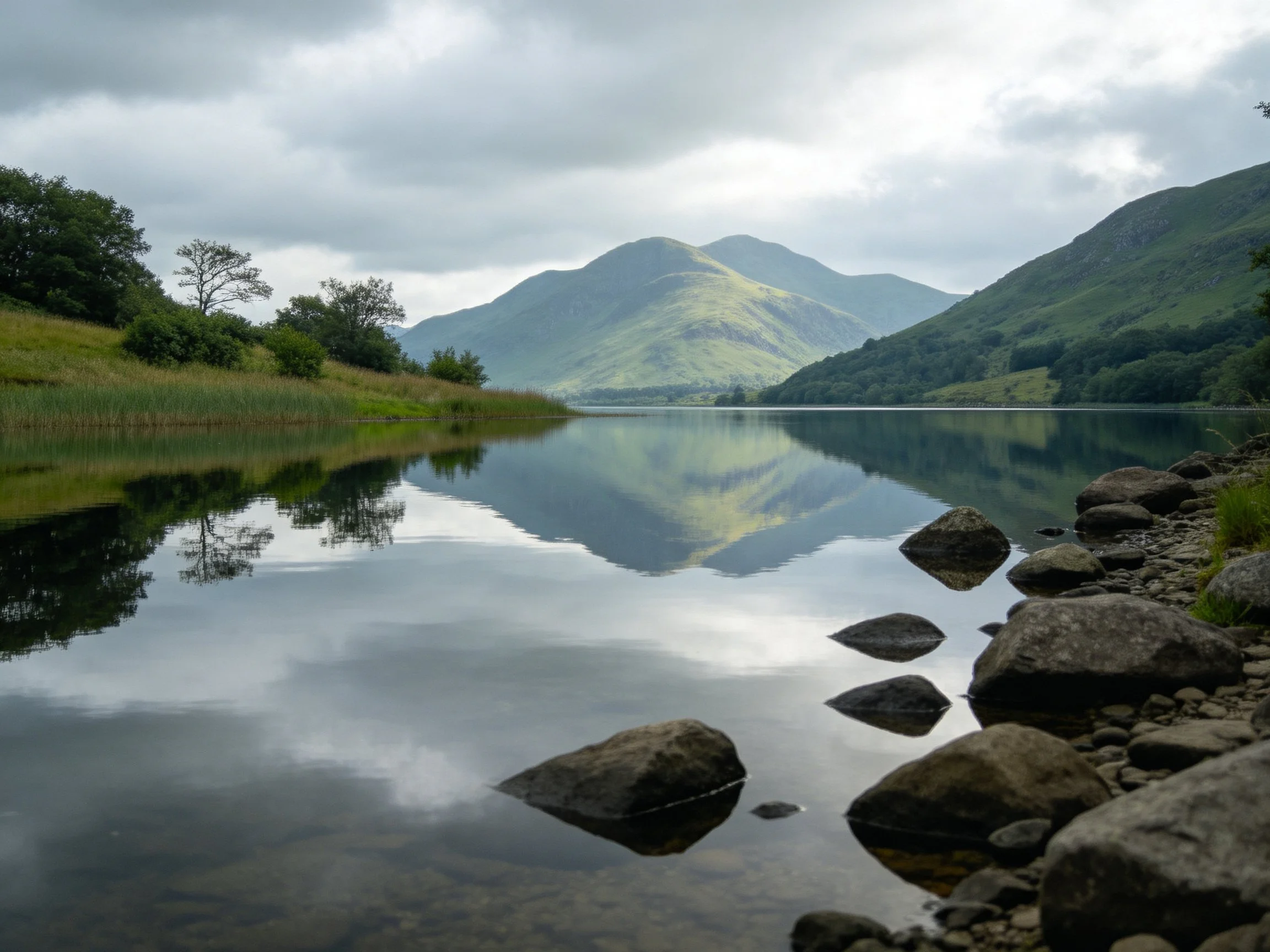Calm Lake Reflecting Green Mountains Near Rocky Shores