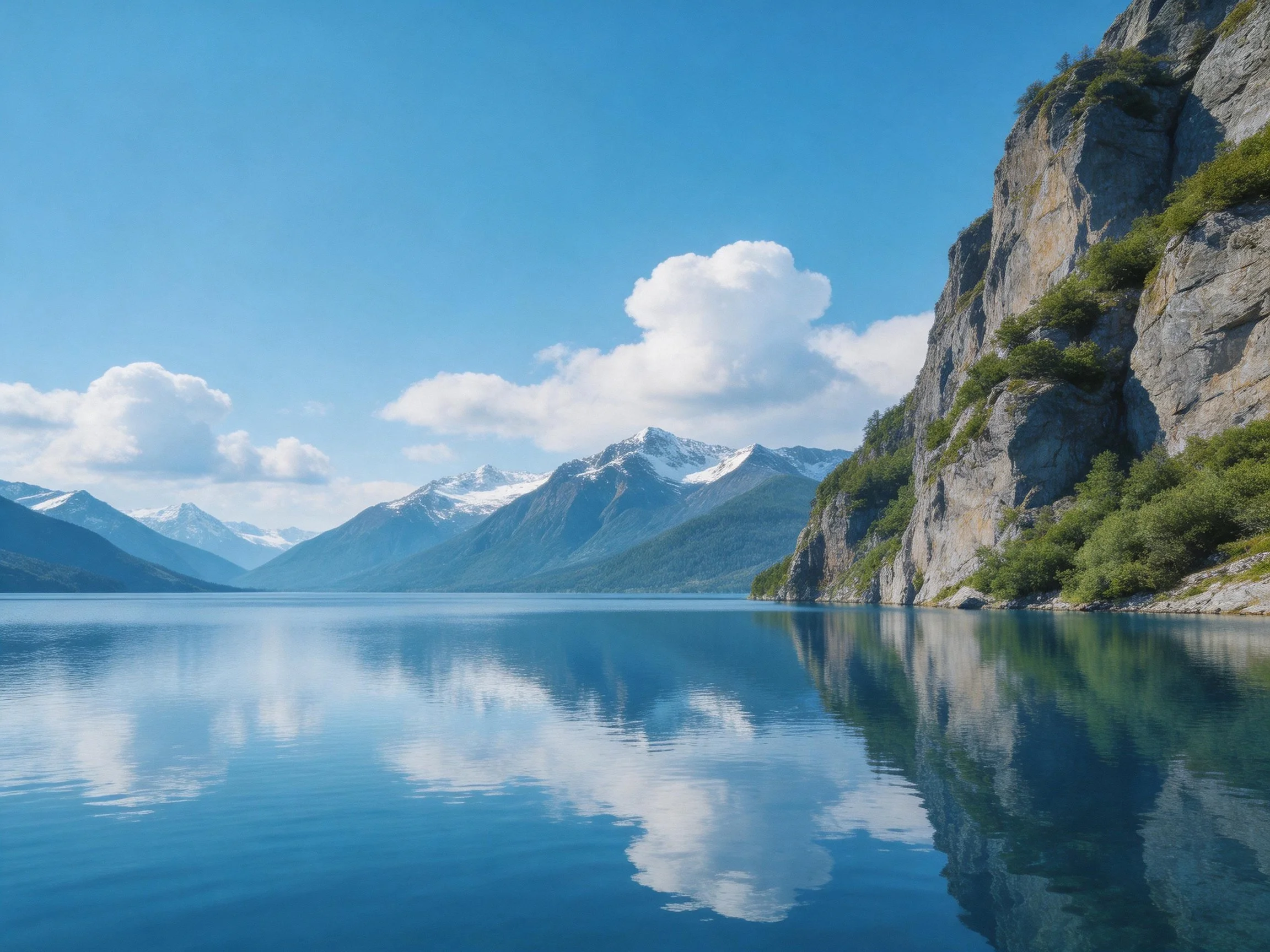 Calm Lake Reflecting Snow-Capped Mountains and Cliffs