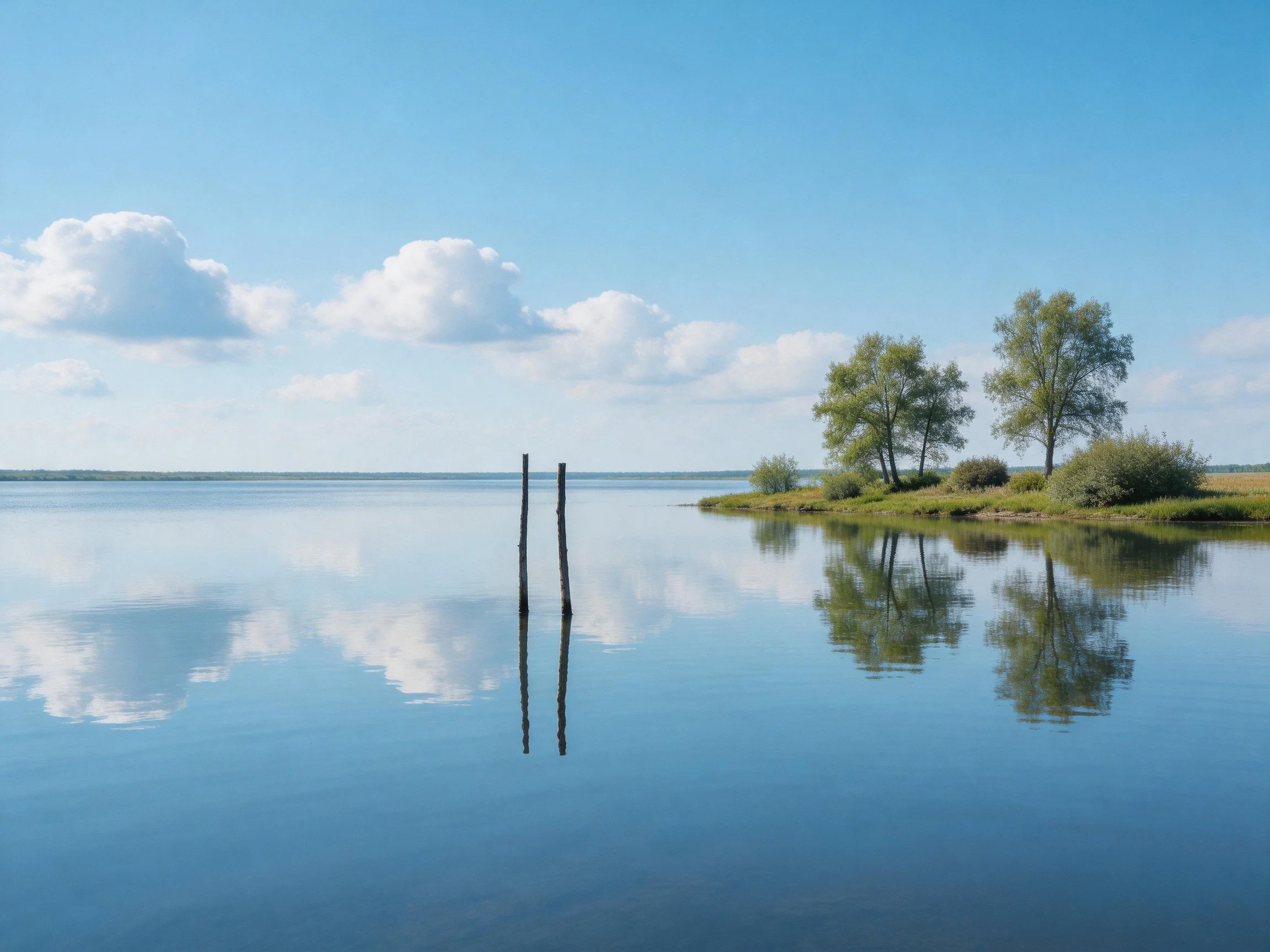 Calm Lake Reflecting Trees and Clear Sky