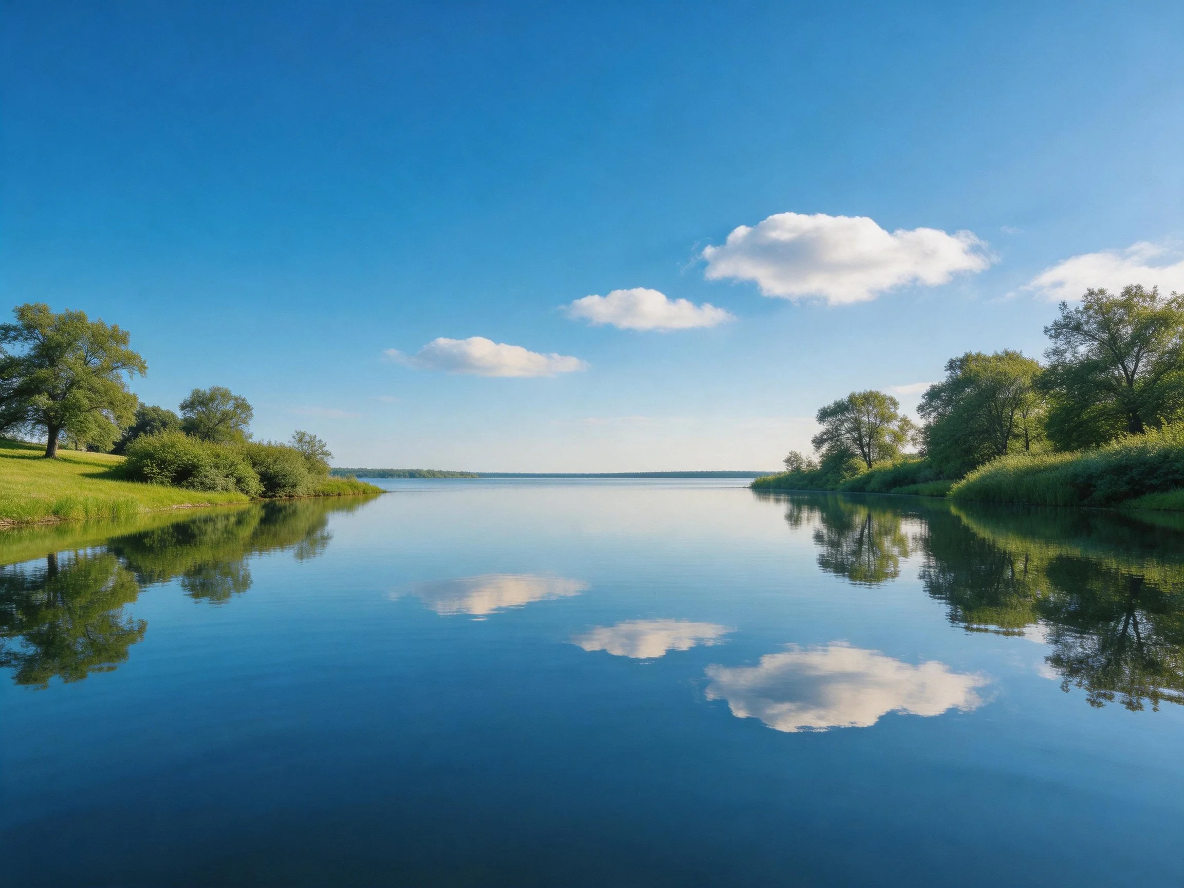 Calm Lake Reflects Blue Sky with Lush Green Borders