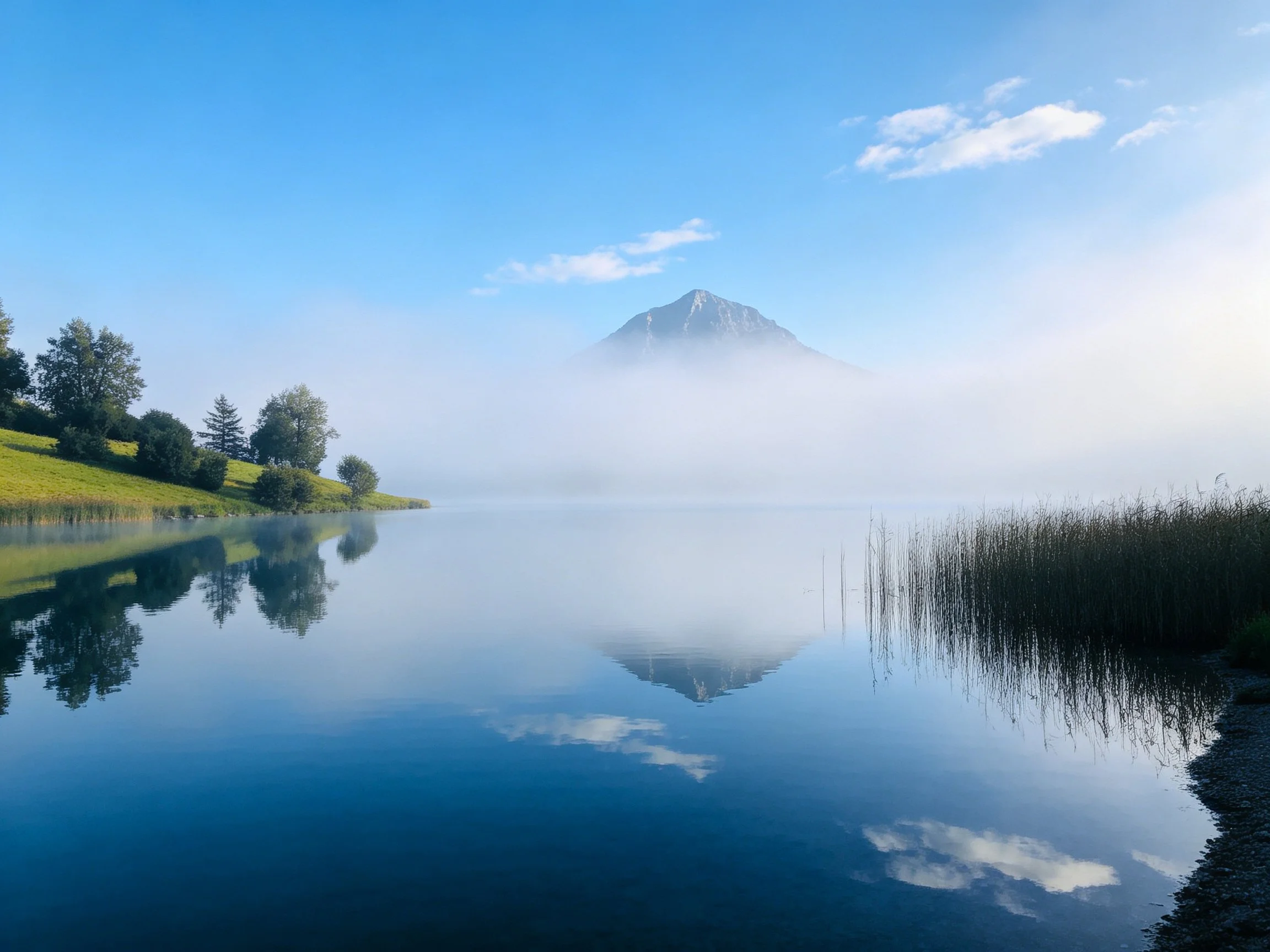 Calm blue waters reflect misty mountain and green hills