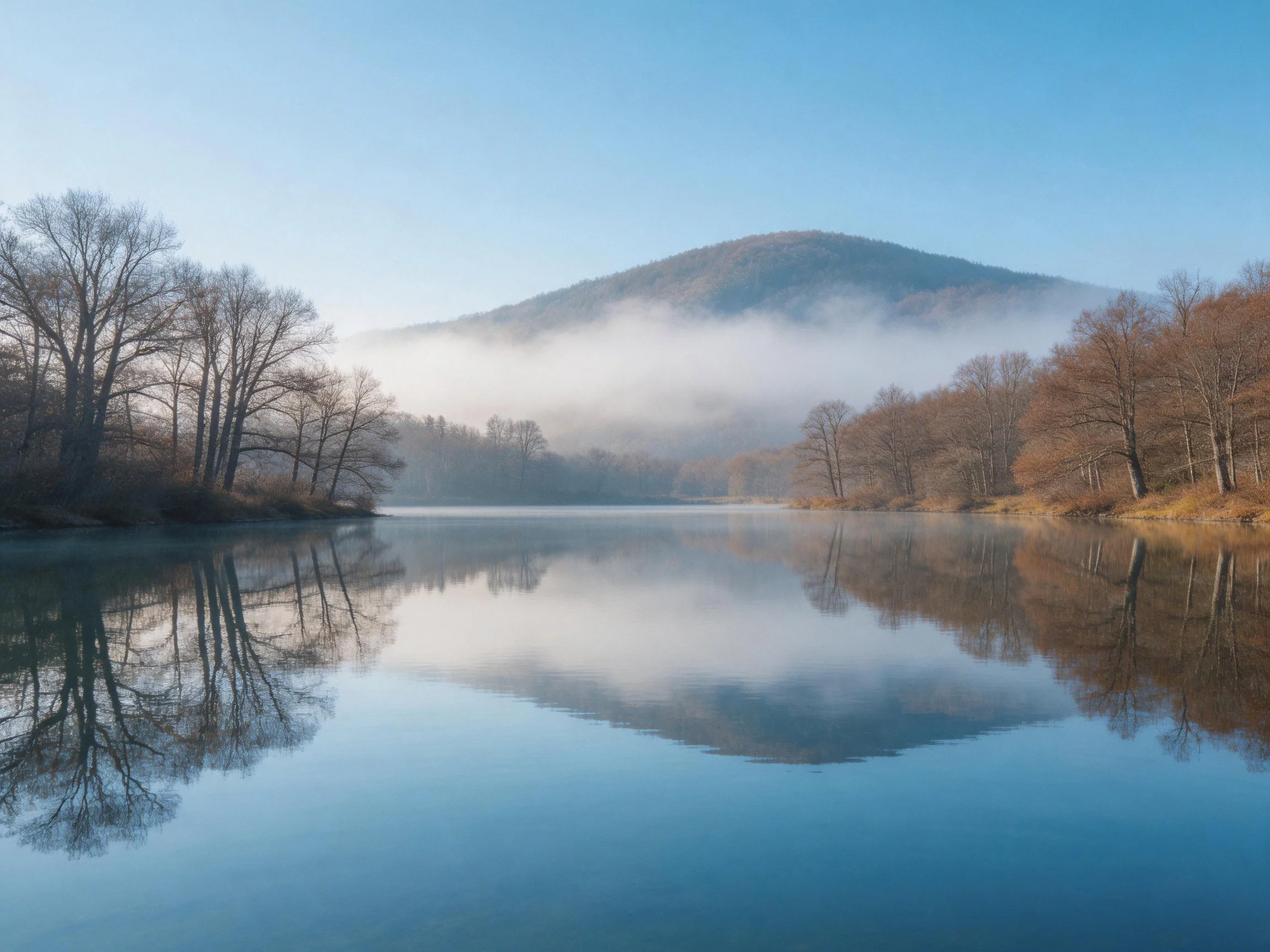 Calm lake reflects autumn trees and misty mountain
