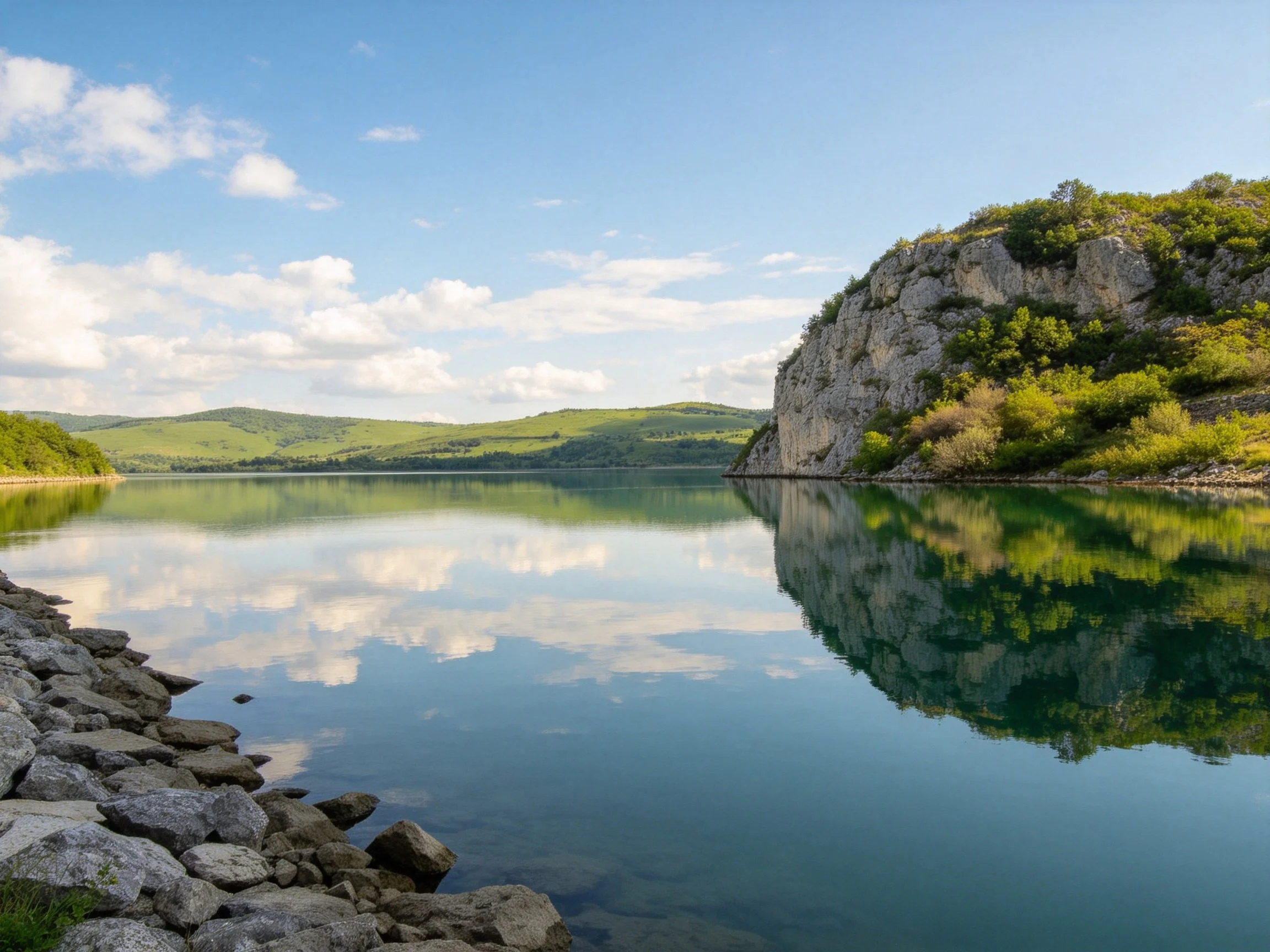 Calm lake reflects blue sky, rocky shore, and lush green cliffs