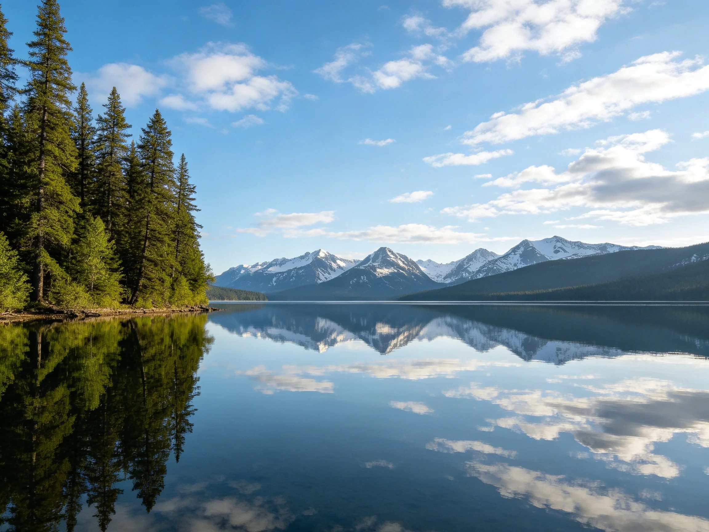 Calm lake reflects snow-capped mountains and evergreen forest