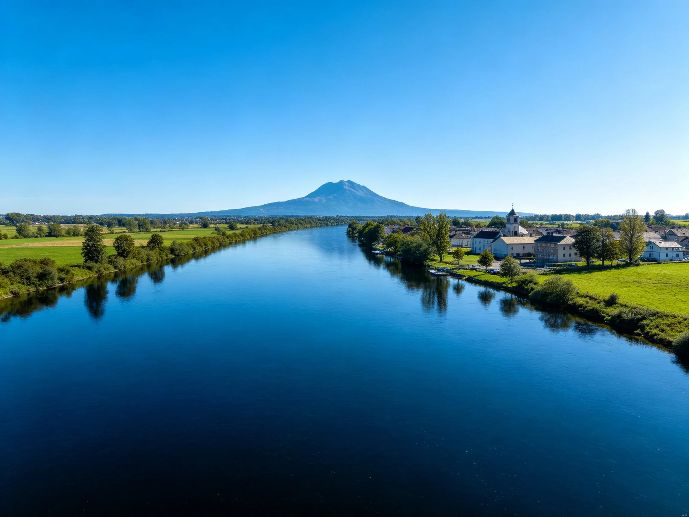 Calm river reflects village, green fields, and distant mountain under clear blue sky