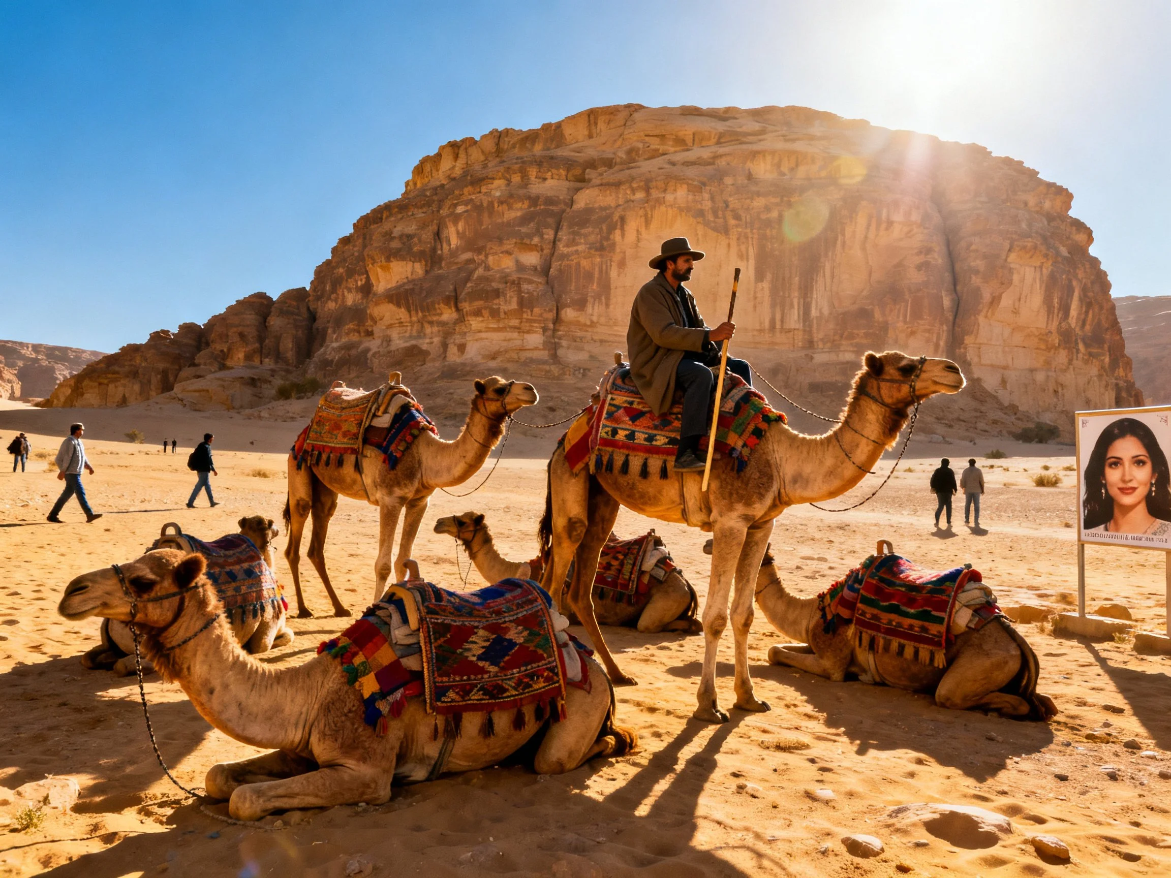 Camels resting near rocky cliffs in sunlit desert