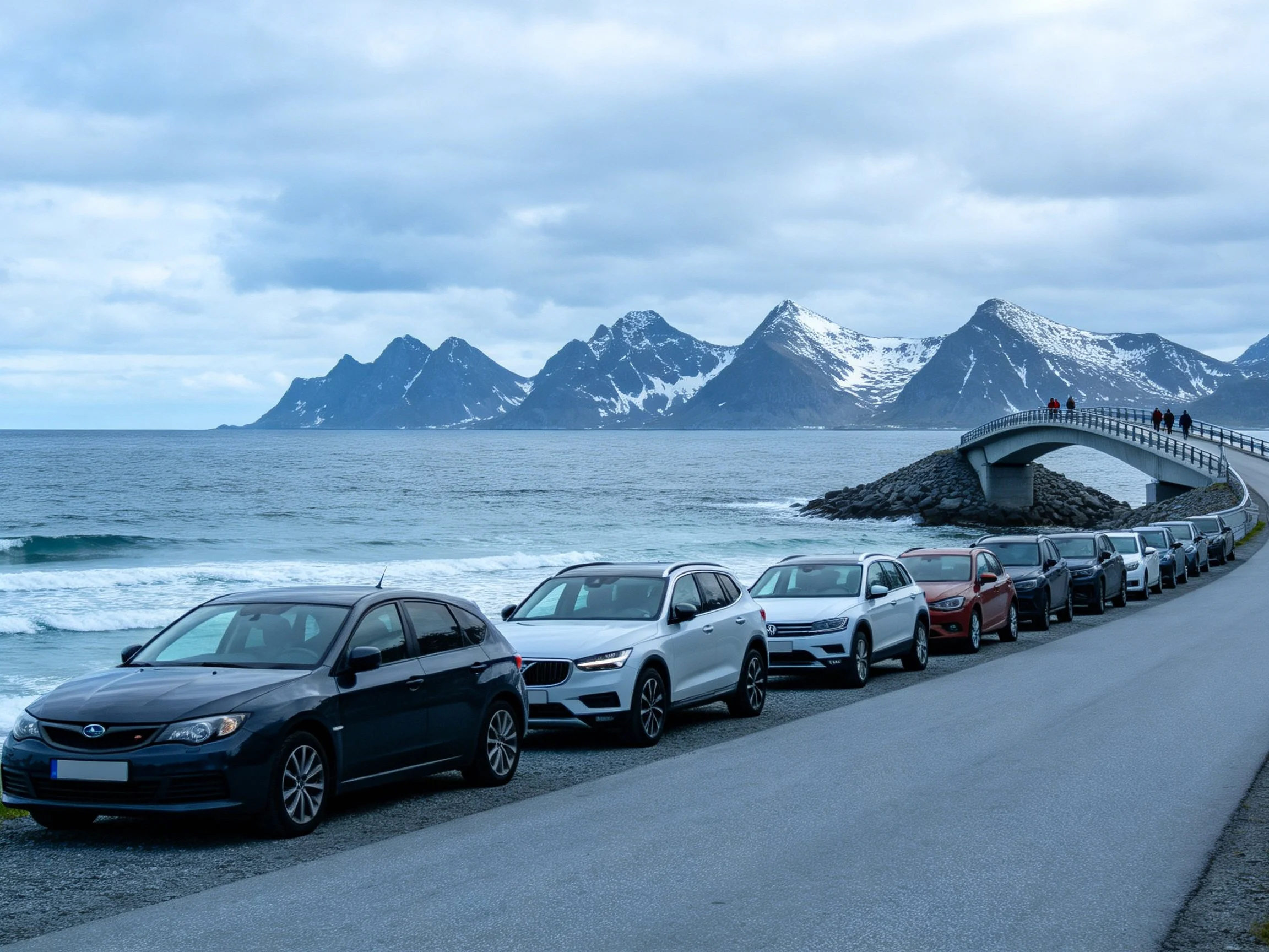 Cars lined up along coastal road with snow-capped mountains