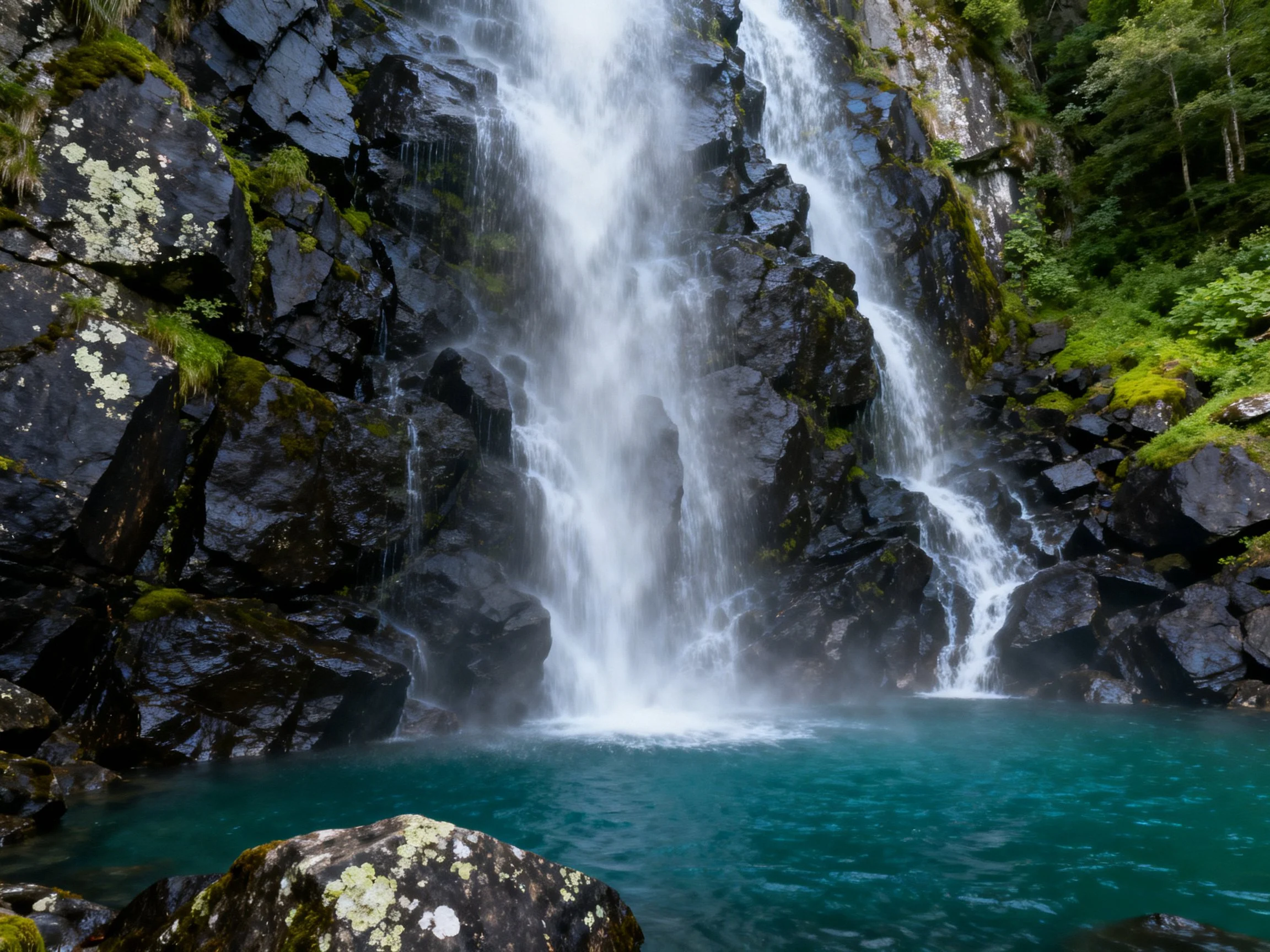 Cascading Waterfall Over Dark Mossy Rocks Into Turquoise Pool