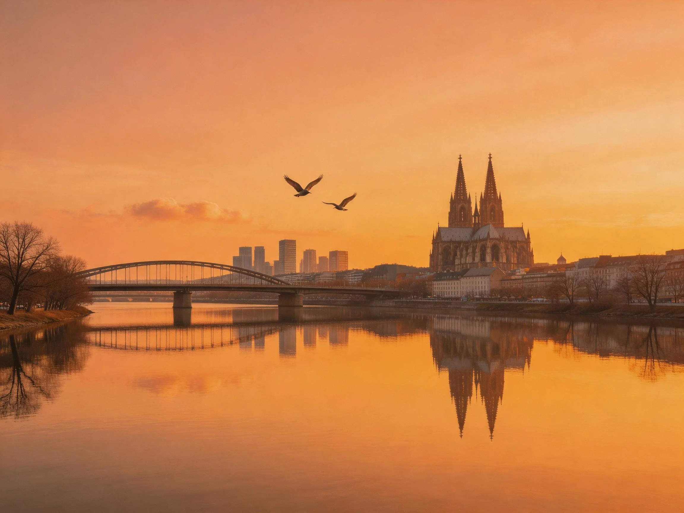 Cathedral with twin spires reflected in calm river at sunset