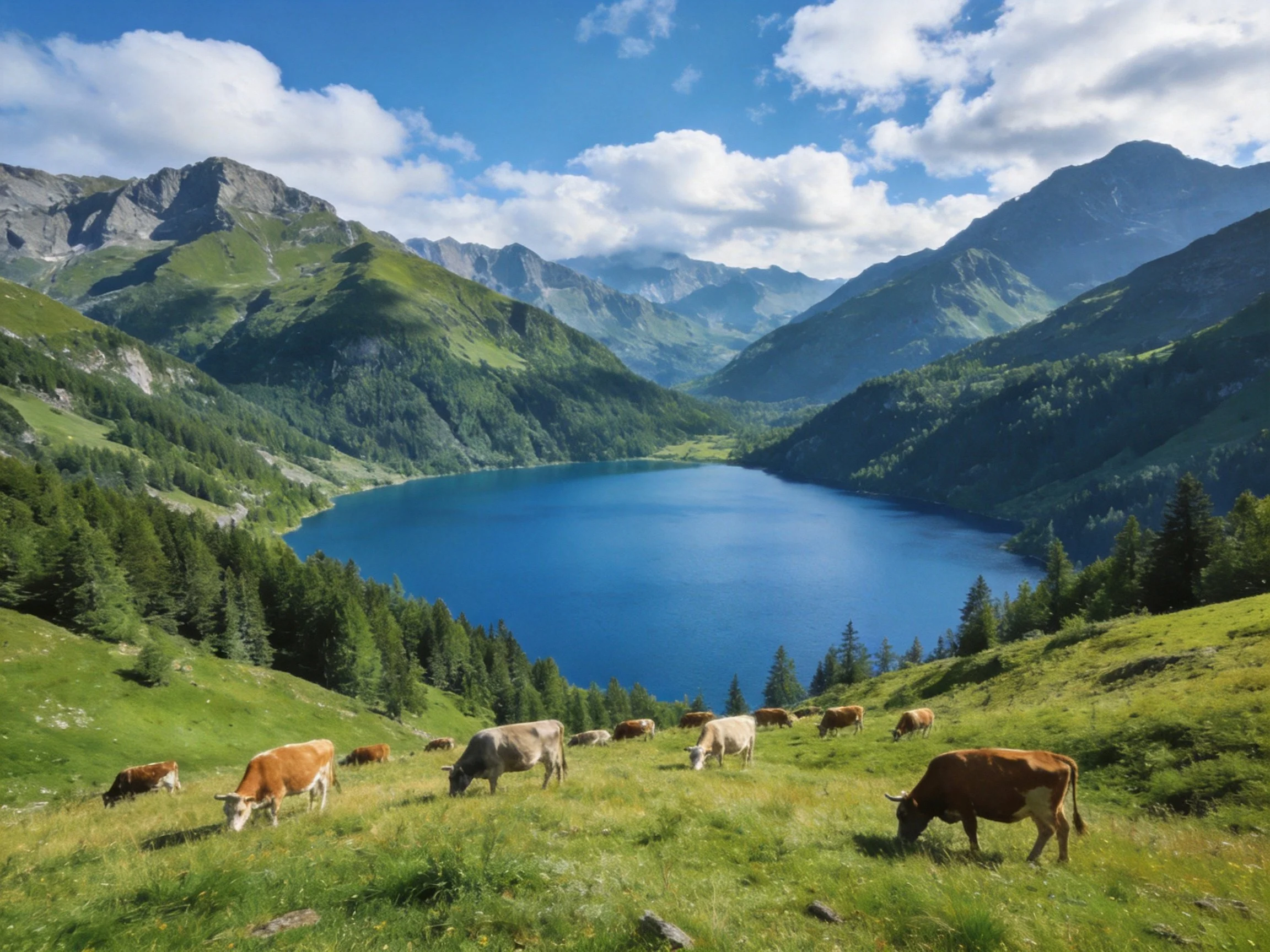 Cattle graze near a vibrant blue alpine lake surrounded by lush green hills