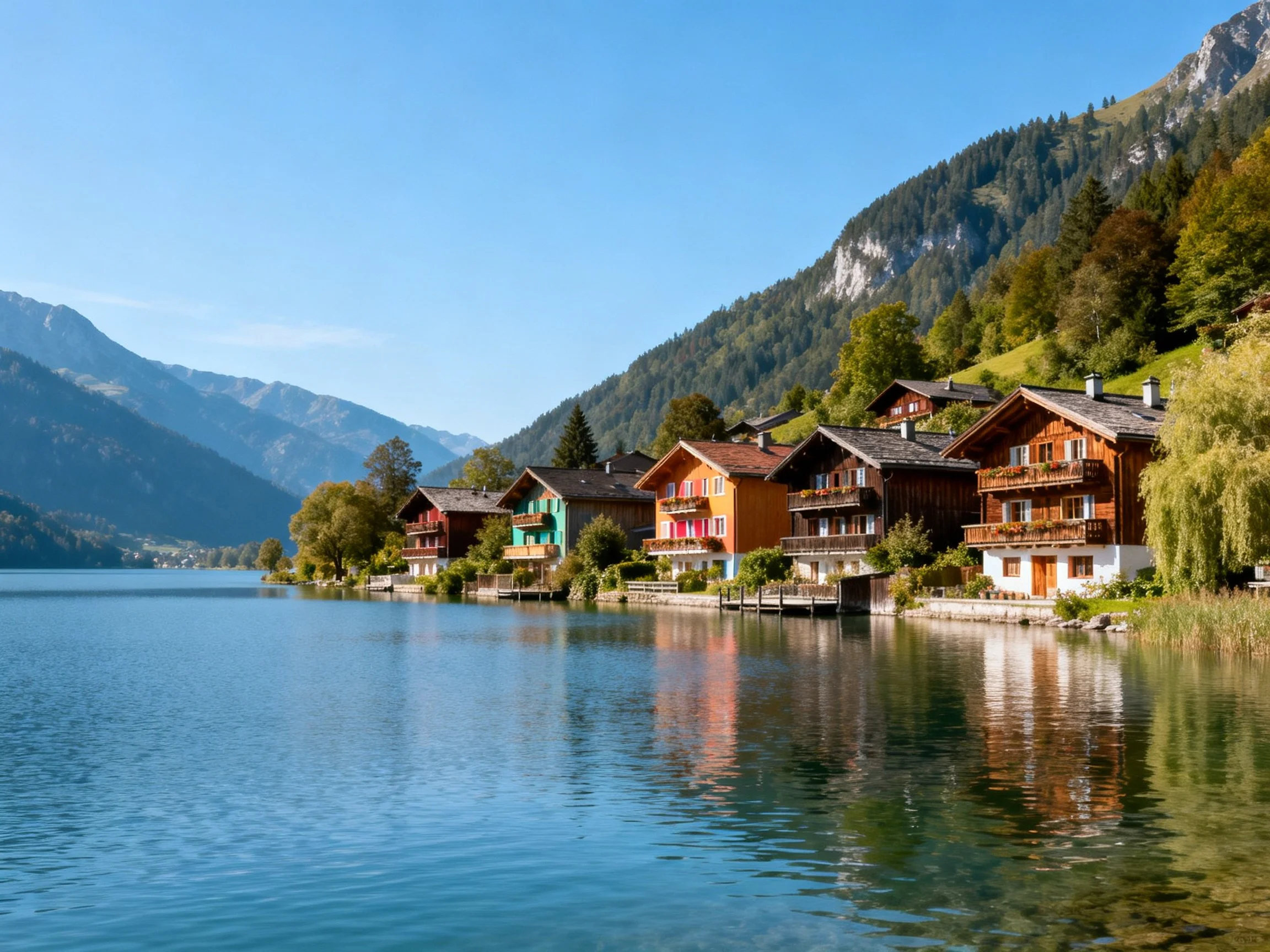 Chalet-style homes border a tranquil lake near mountainous terrain
