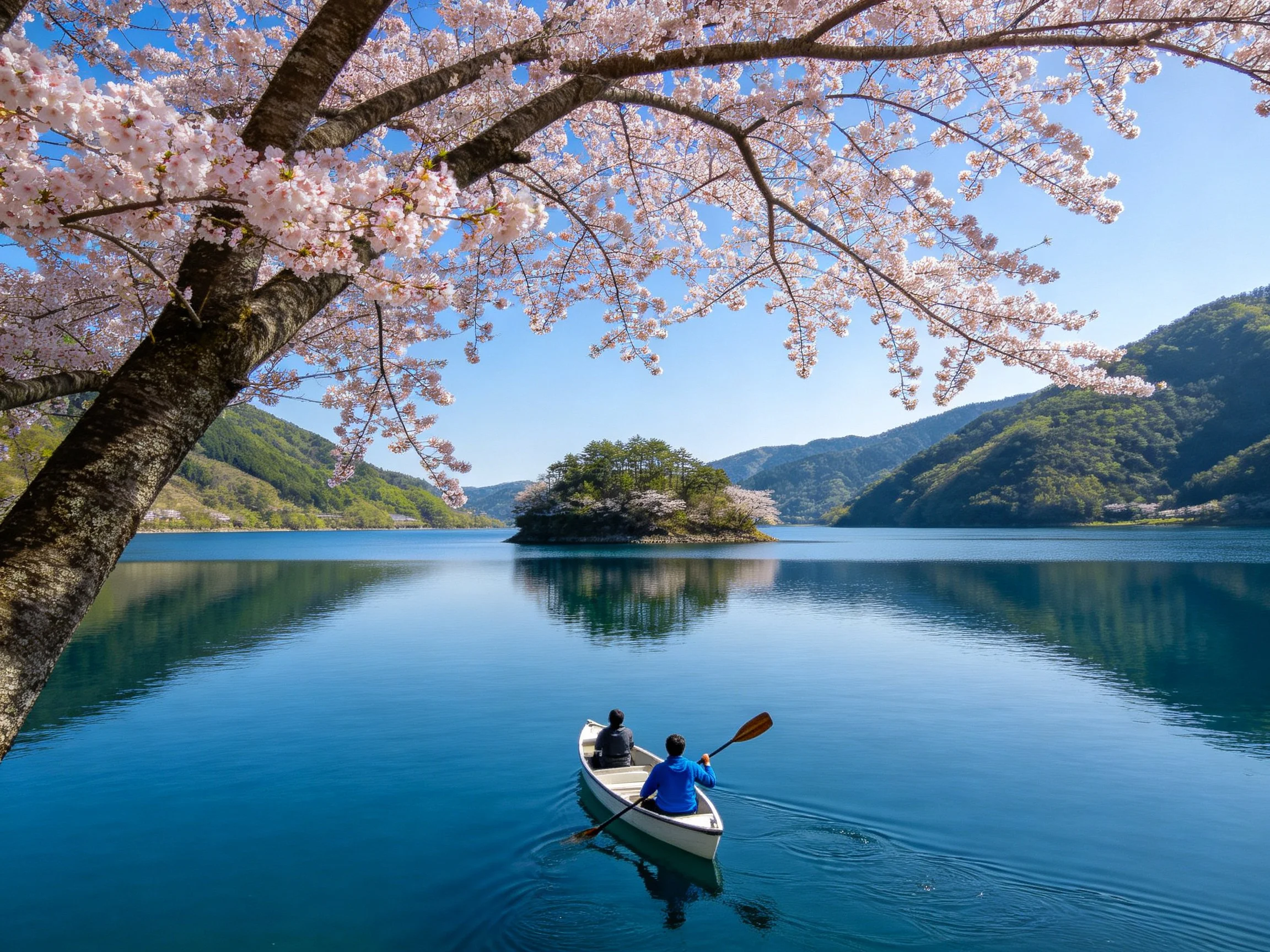 Cherry Blossom Canoe Ride Through Crystal Clear Lake Waters