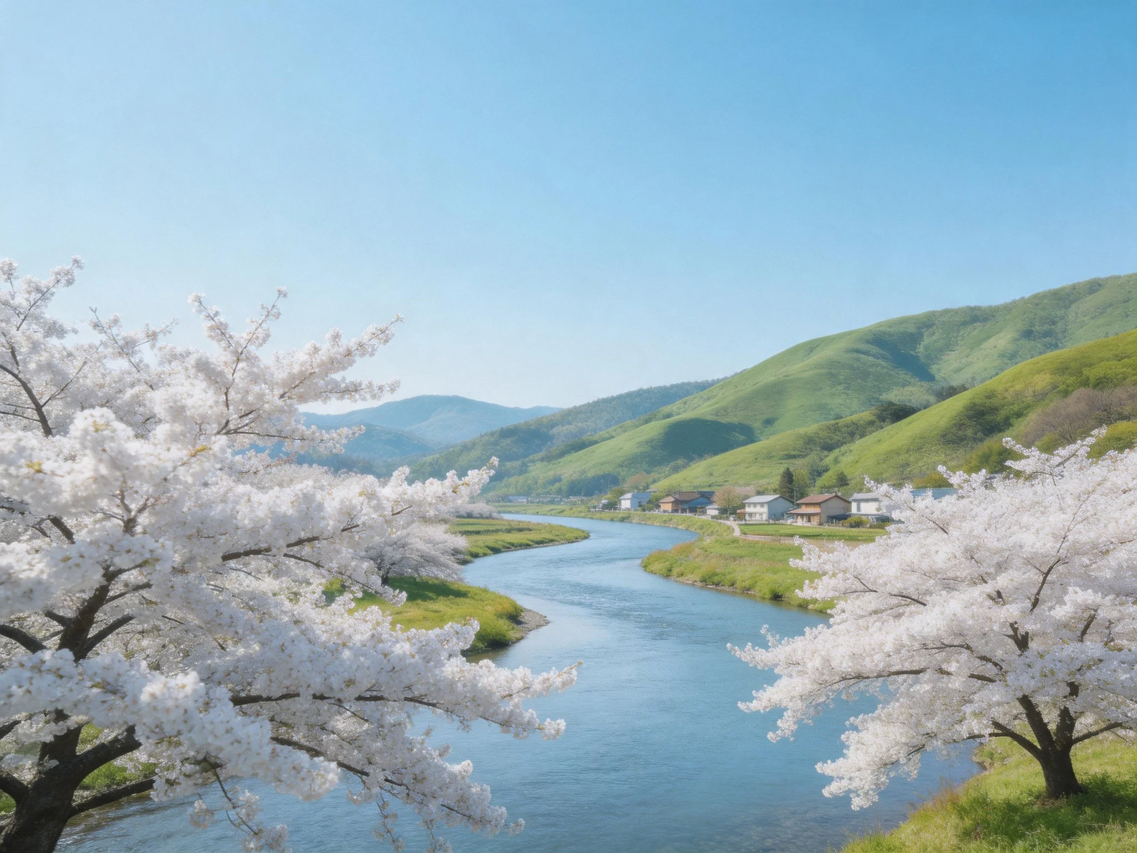 Cherry blossom trees frame a winding river near green hills and homes