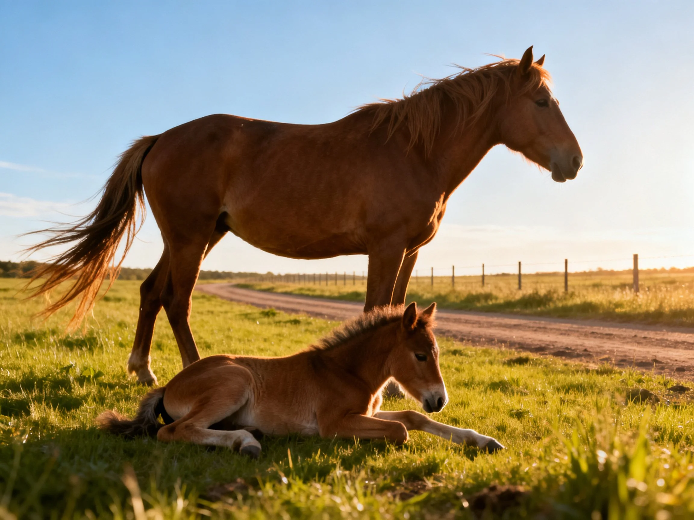 Chestnut Mare and Foal Resting in Sunlit Grassy Field