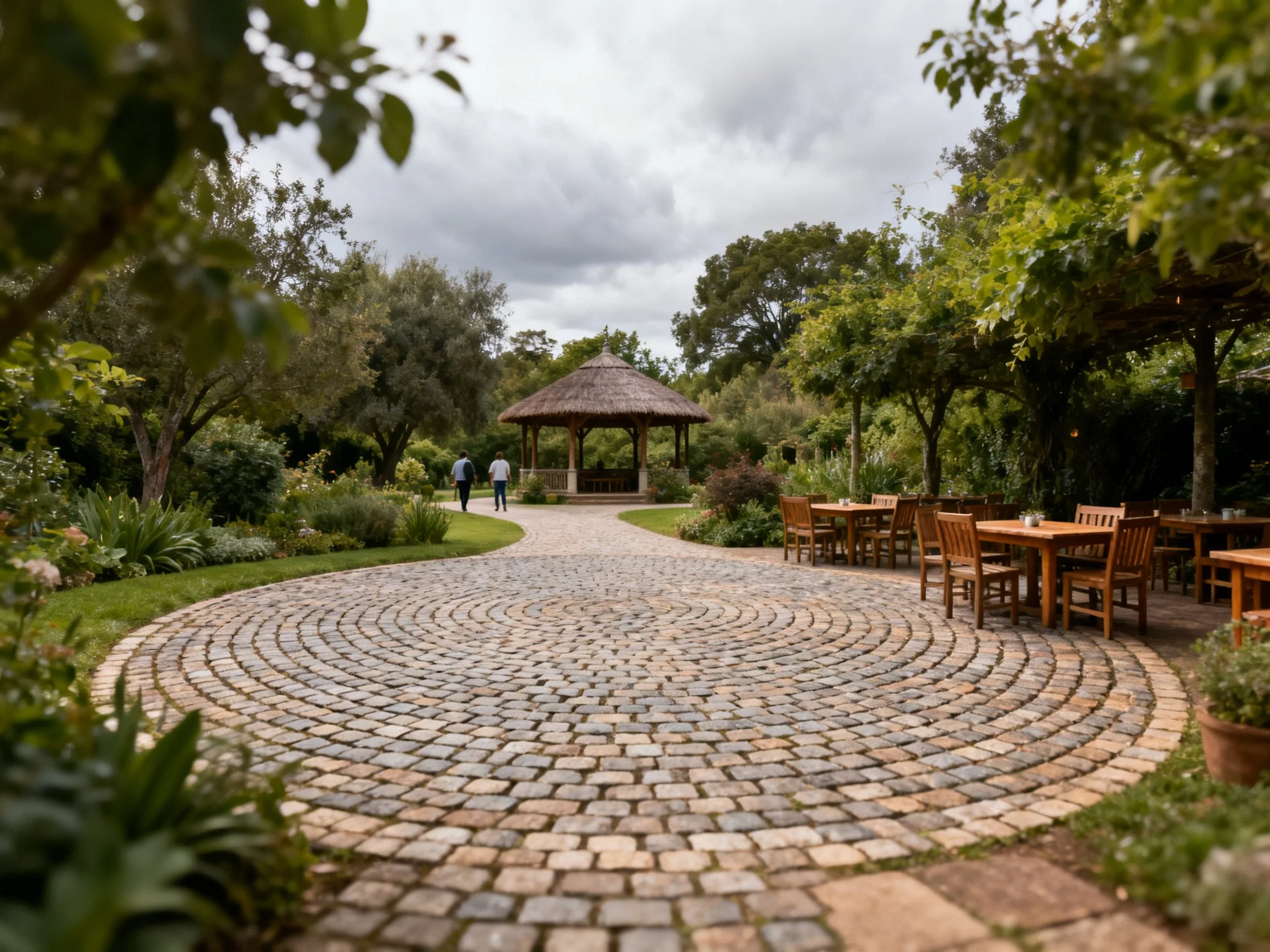 Circular cobblestone patio with wooden seating and a thatched gazebo