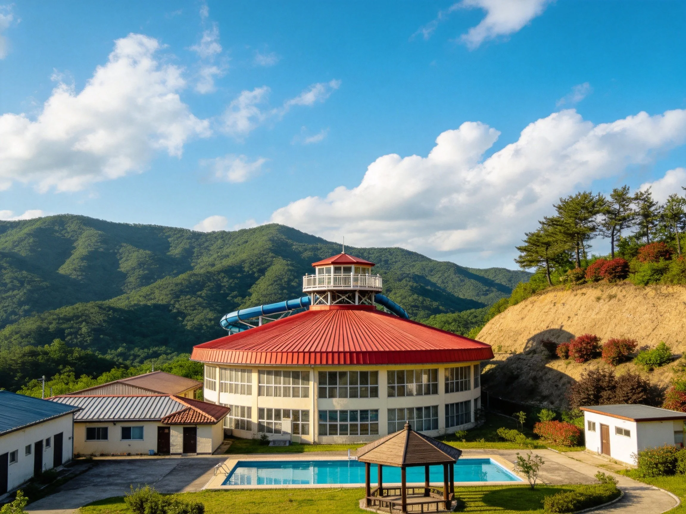 Circular resort with red roof, water slide, and pools near mountains