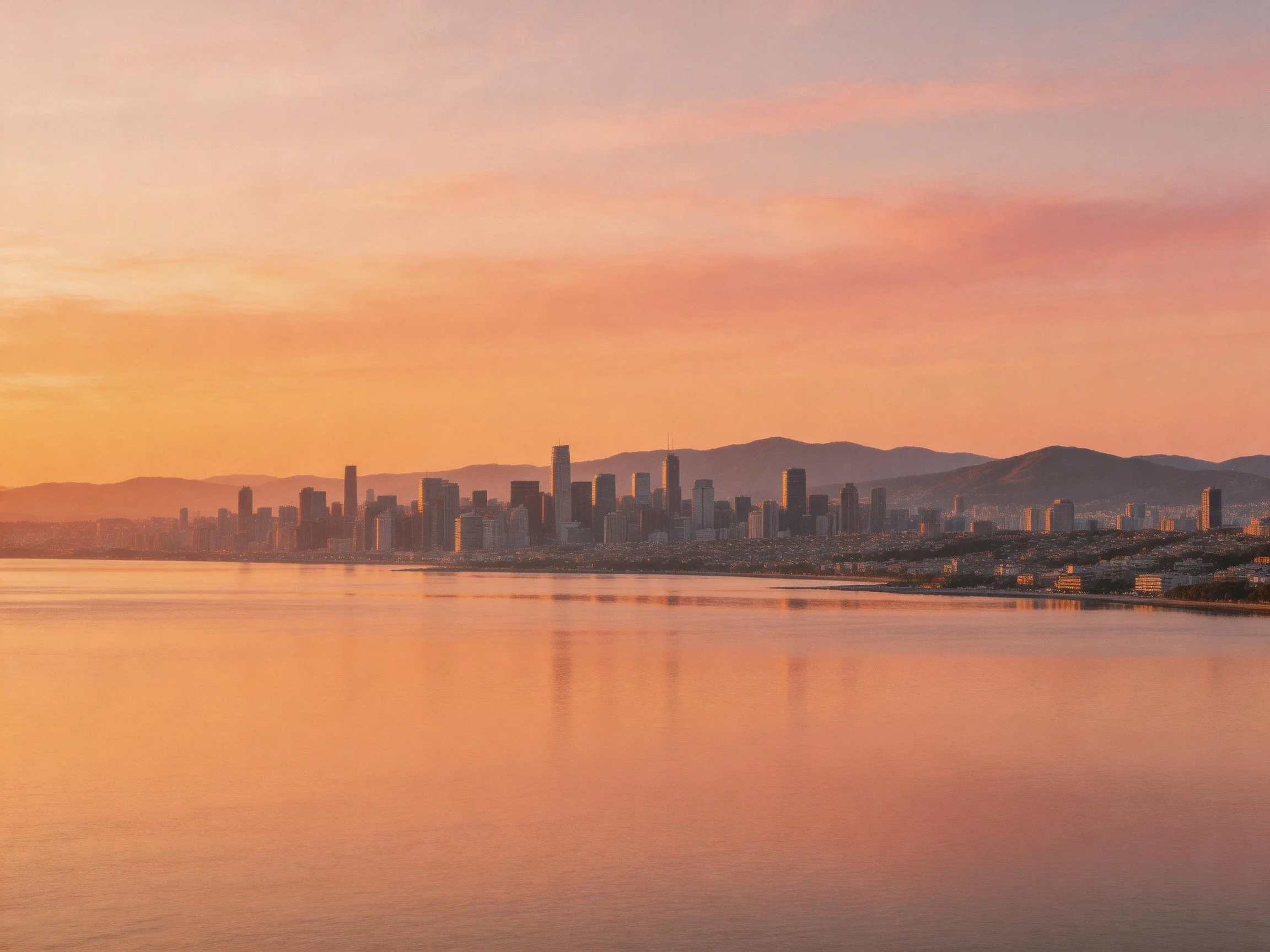 City skyline at sunset with warm orange sky over calm water