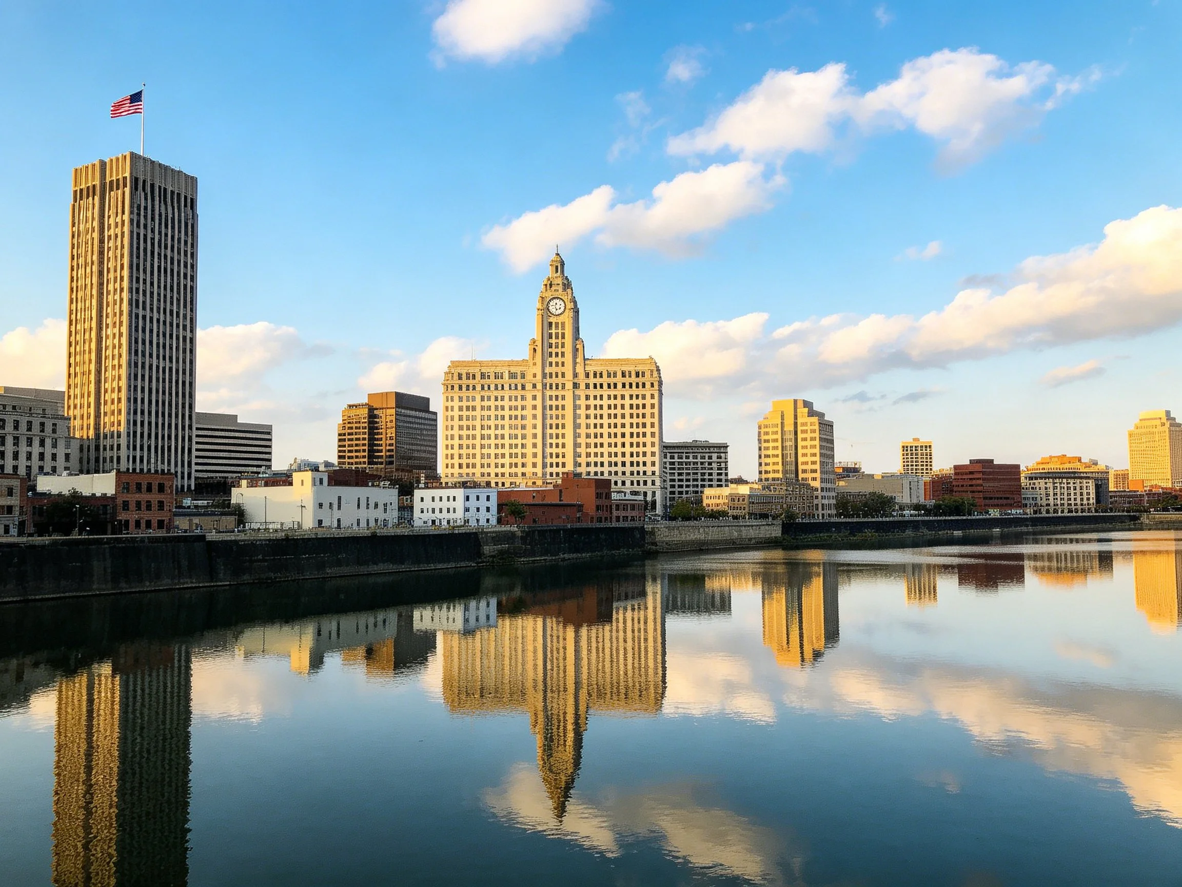 City skyline with historic clock tower reflecting in calm river