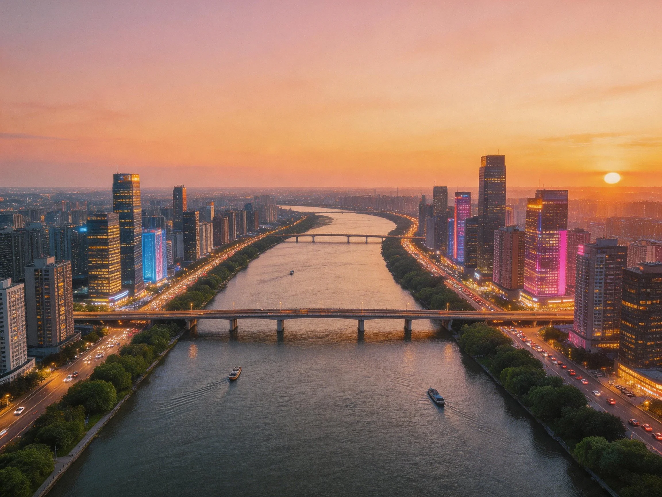 City skyline with winding river and vibrant sunset