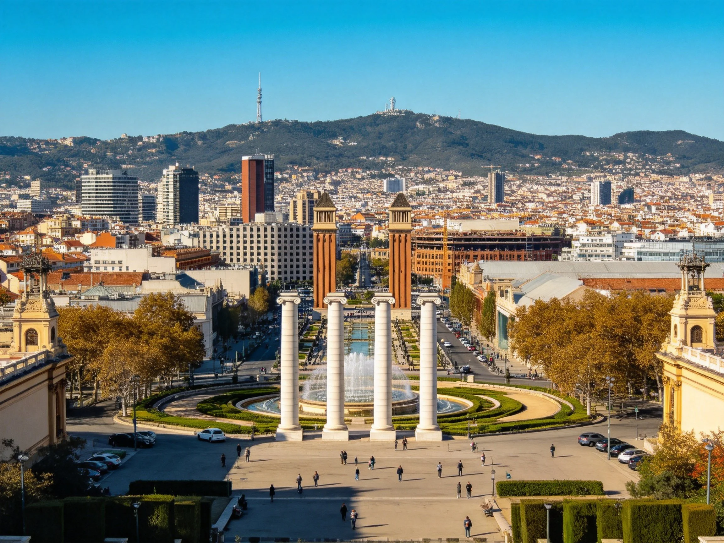 City square with ancient columns, central fountain, and mountainous backdrop