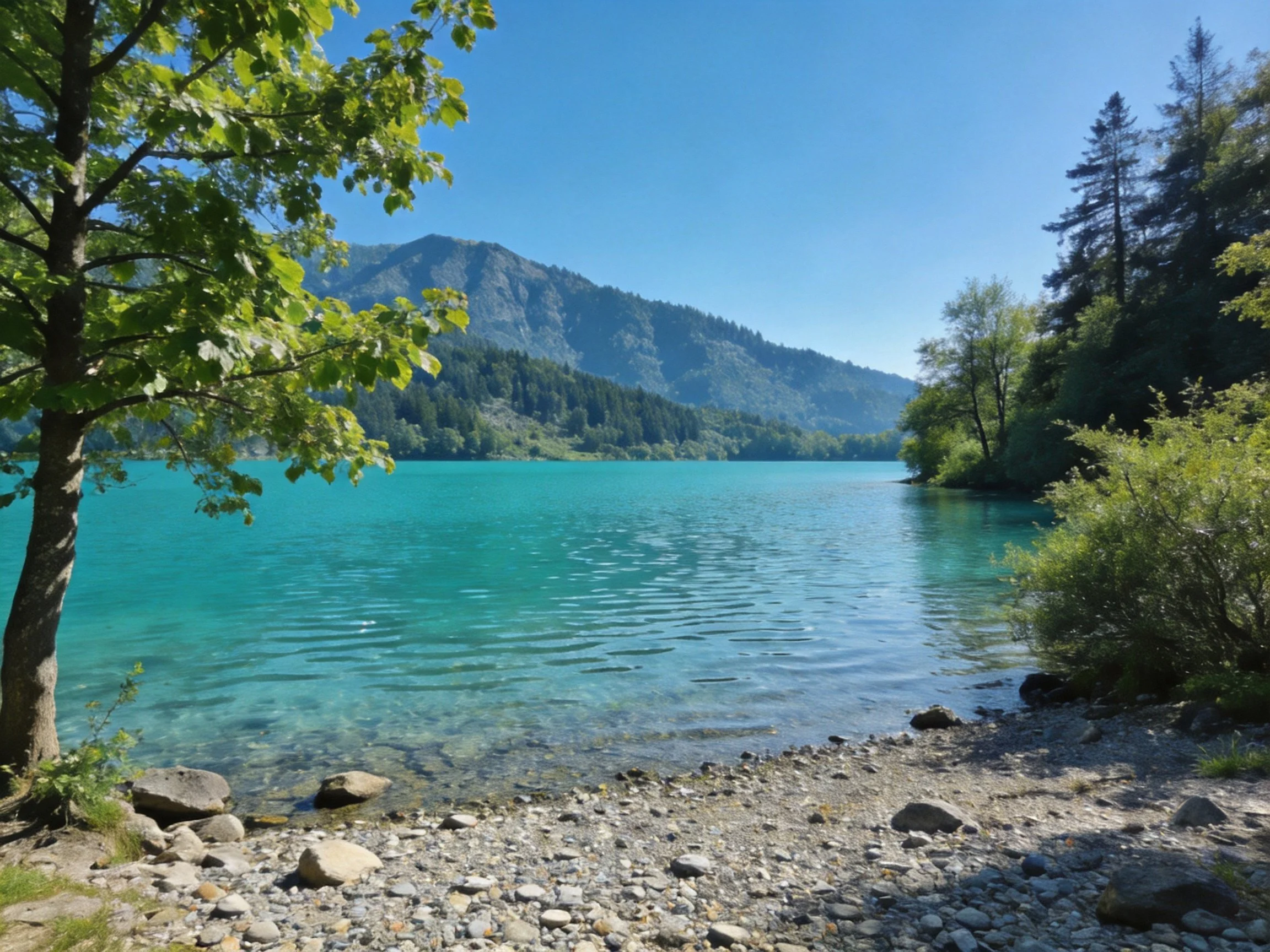 Clear Turquoise Lake with Pebbled Shore and Forested Mountains
