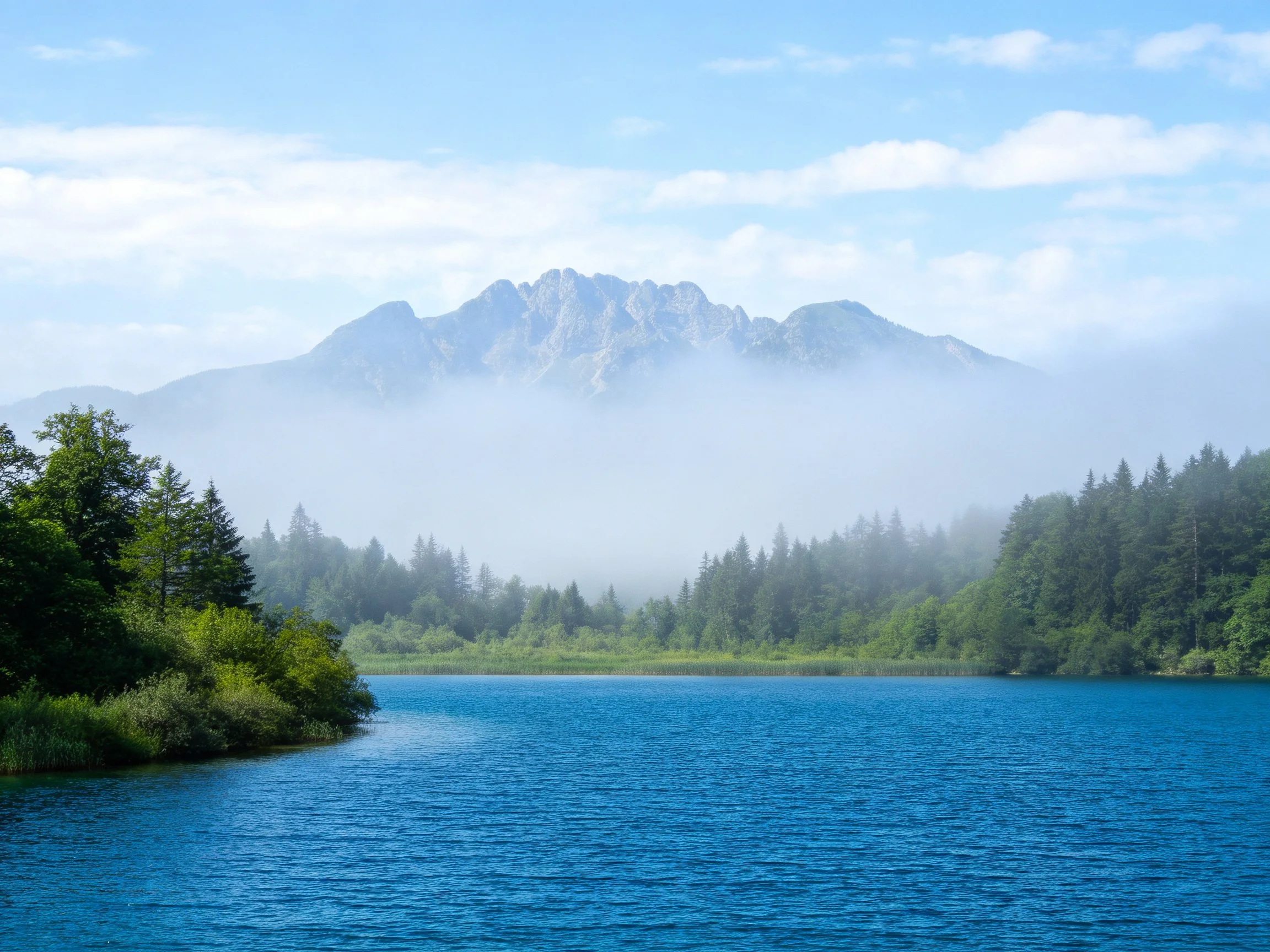 Clear blue lake surrounded by lush forest and misty mountains