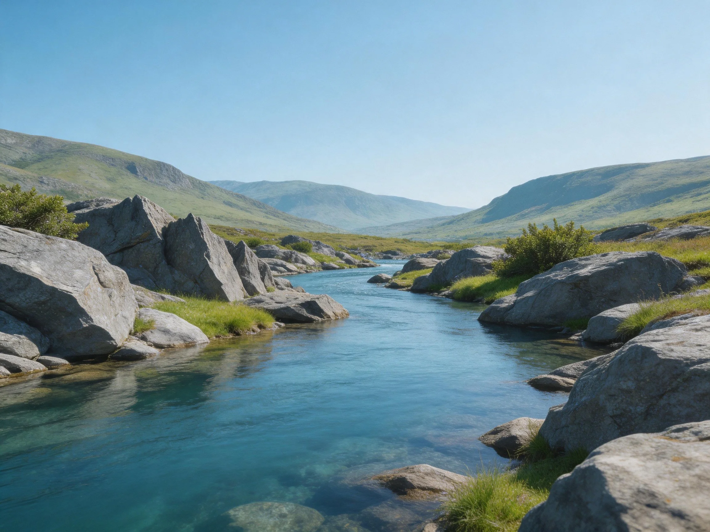 Clear blue river flows among large gray rocks near green mountain slopes