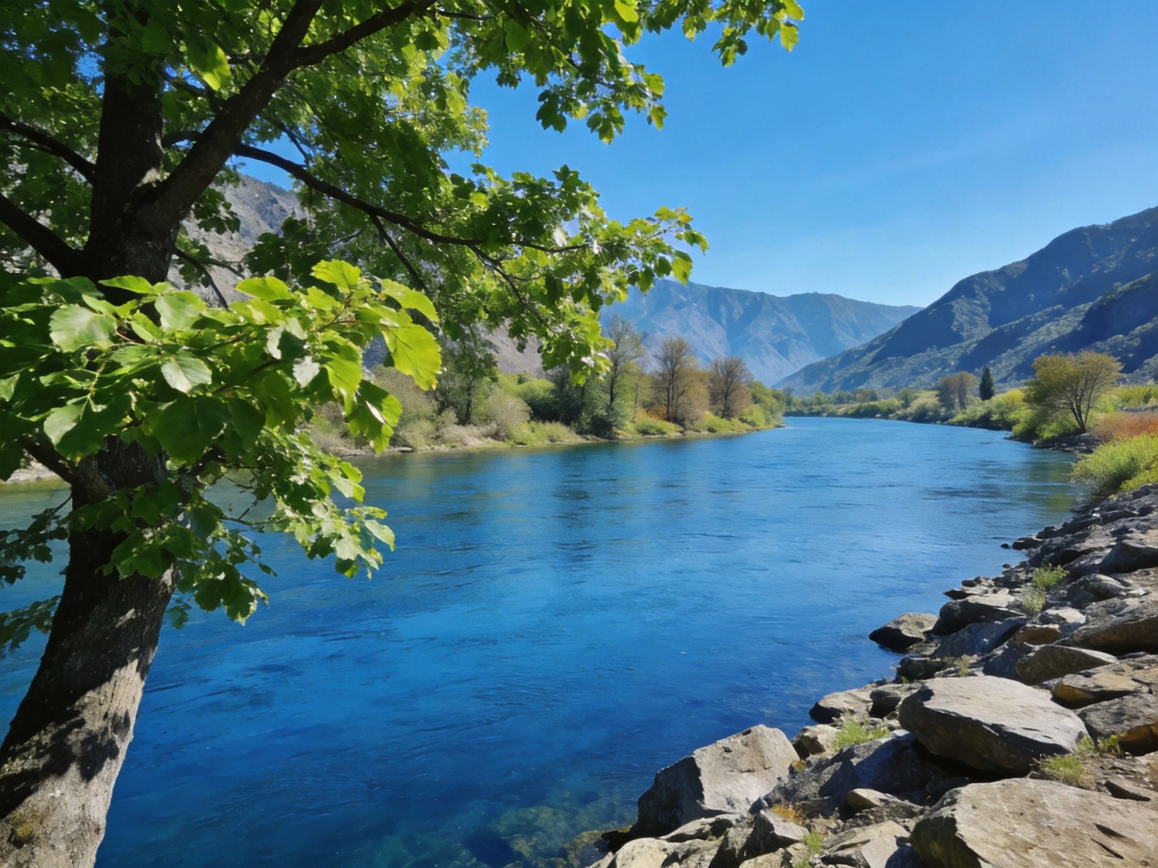 Clear blue river flows beside rocky shore with lush green trees and distant mountains