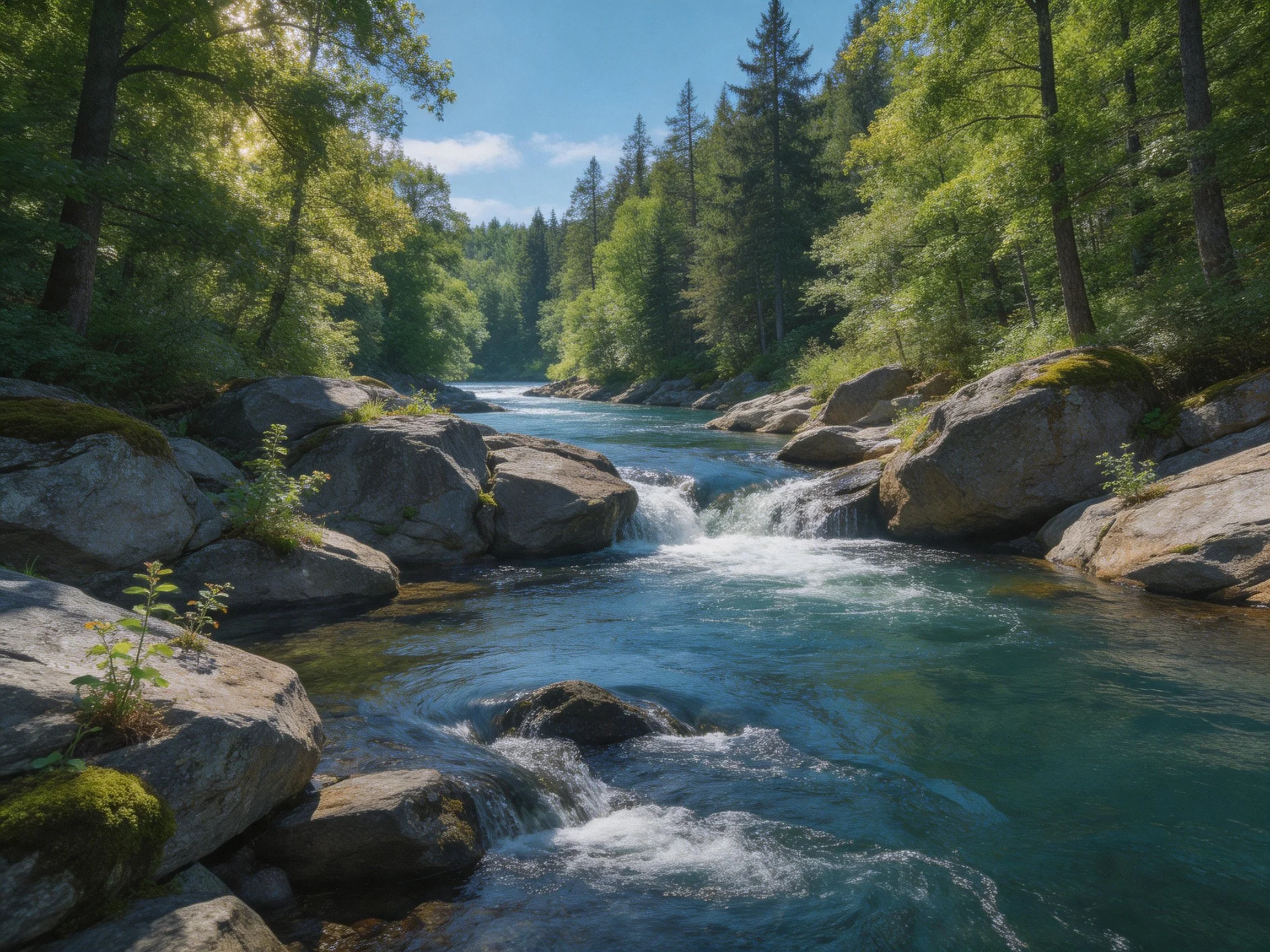 Clear blue river flows over moss-covered rocks in dense forest