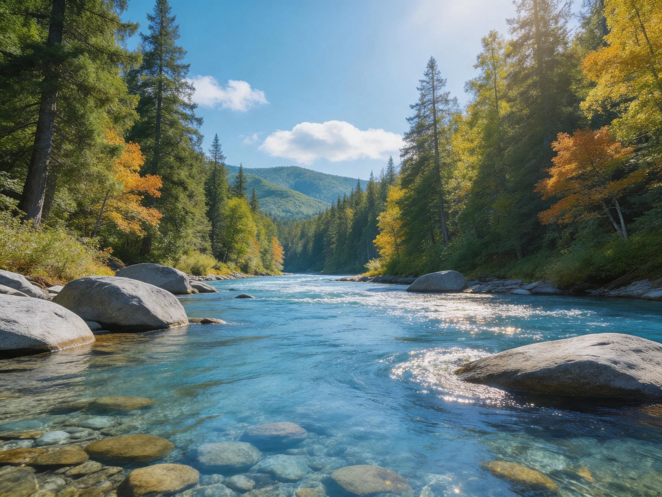 Clear blue river winds through forested valley with rocky banks