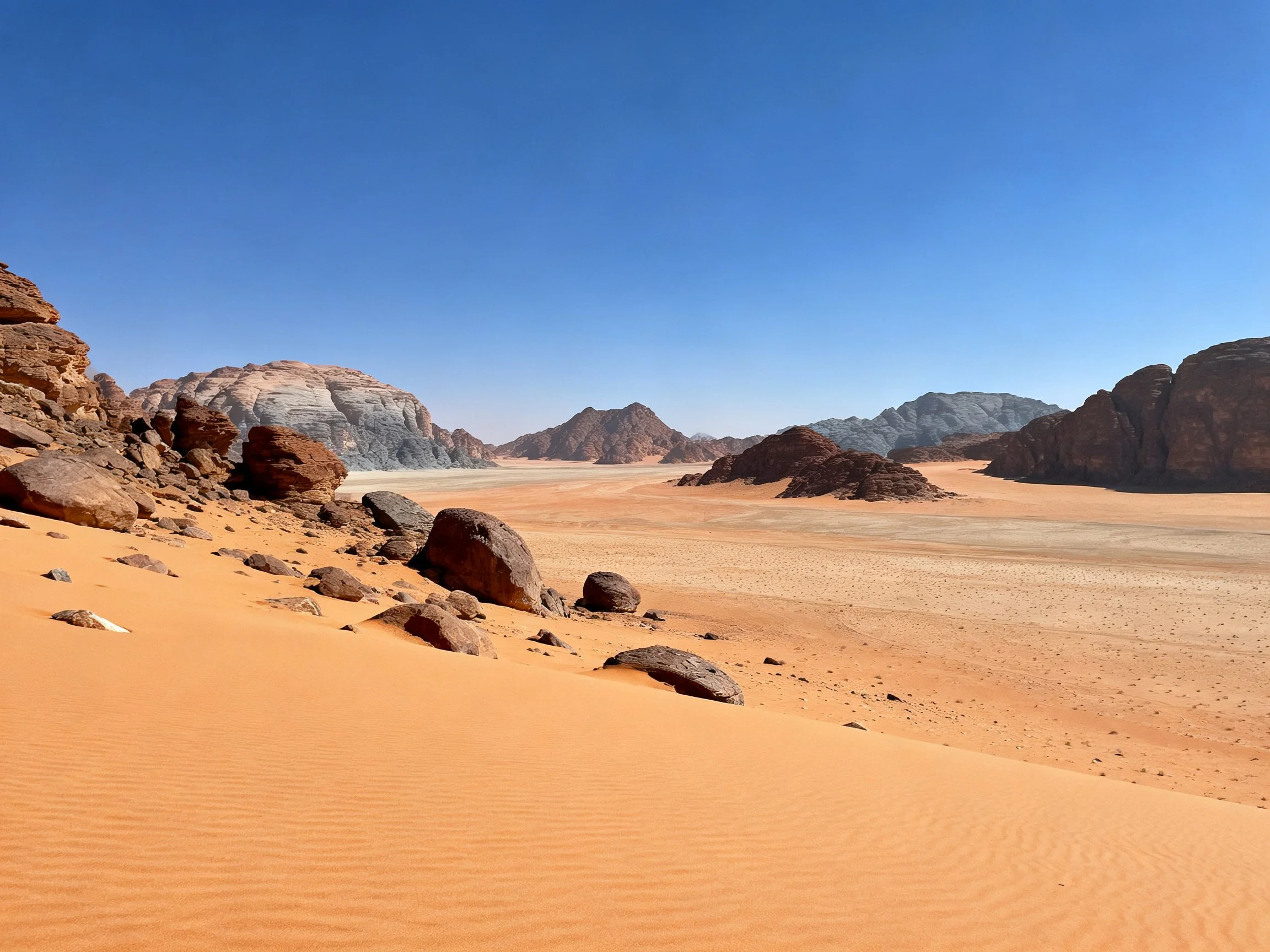 Clear blue sky over golden sand and reddish rock formations