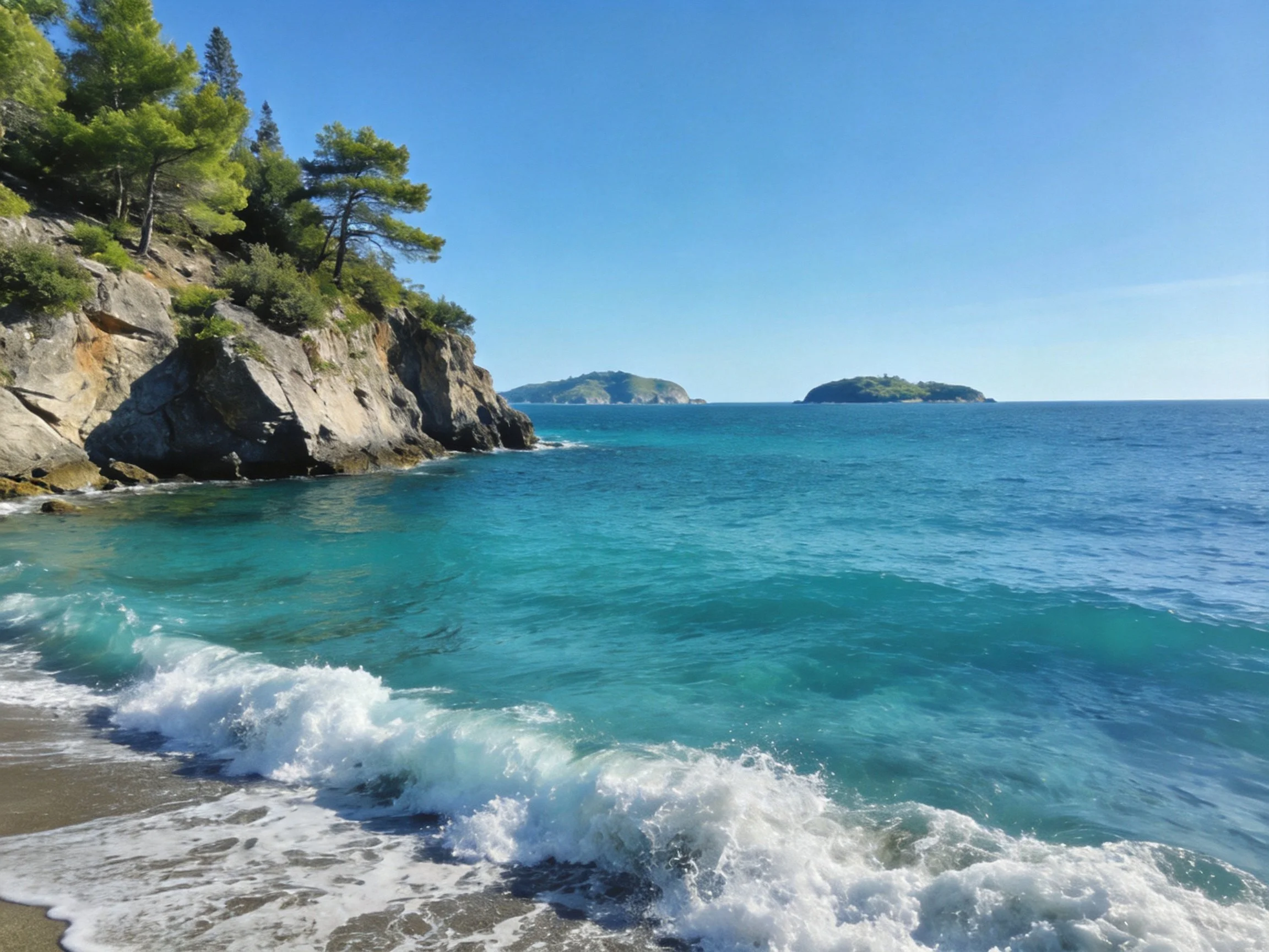 Clear blue sky over turquoise waters near rocky cliffs with green trees