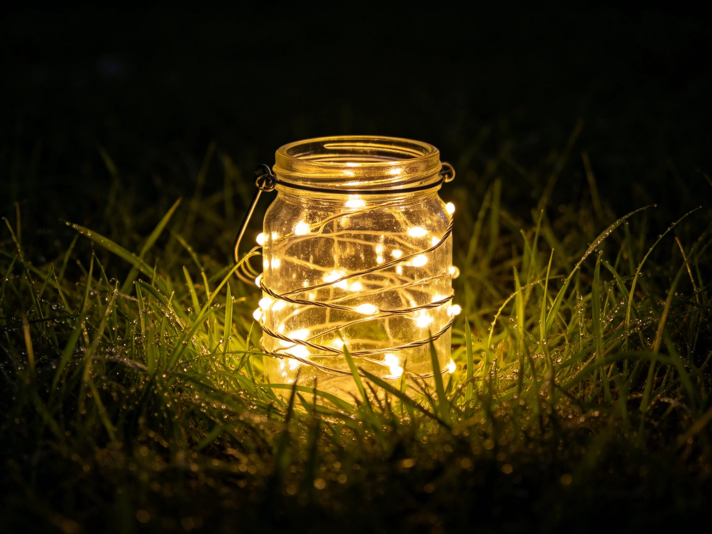 Clear glass jar wrapped in string lights on dark grass