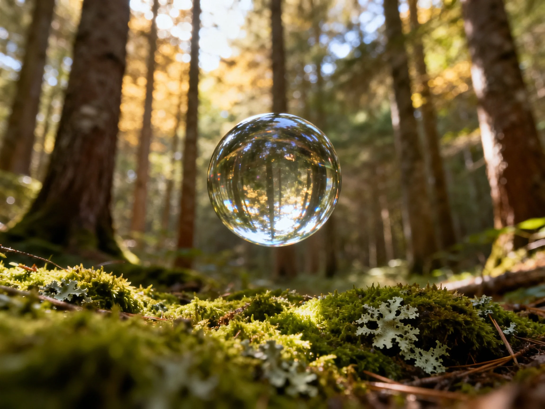 Clear glass orb hovers above mossy forest floor amid tall trees