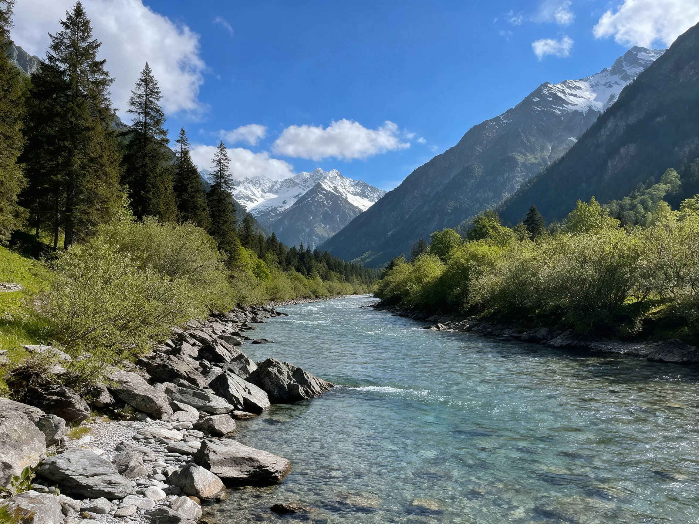 Clear river flows beside rocky banks, lush forests, and snow-capped mountains