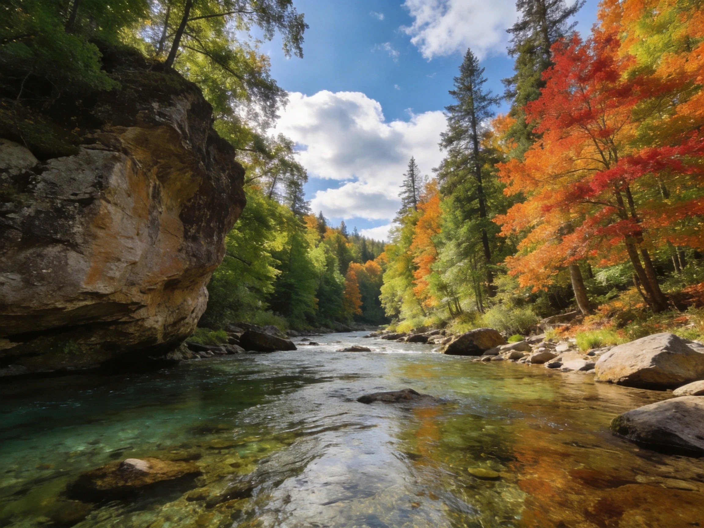 Clear river flows past rocky cliffs amid colorful fall trees