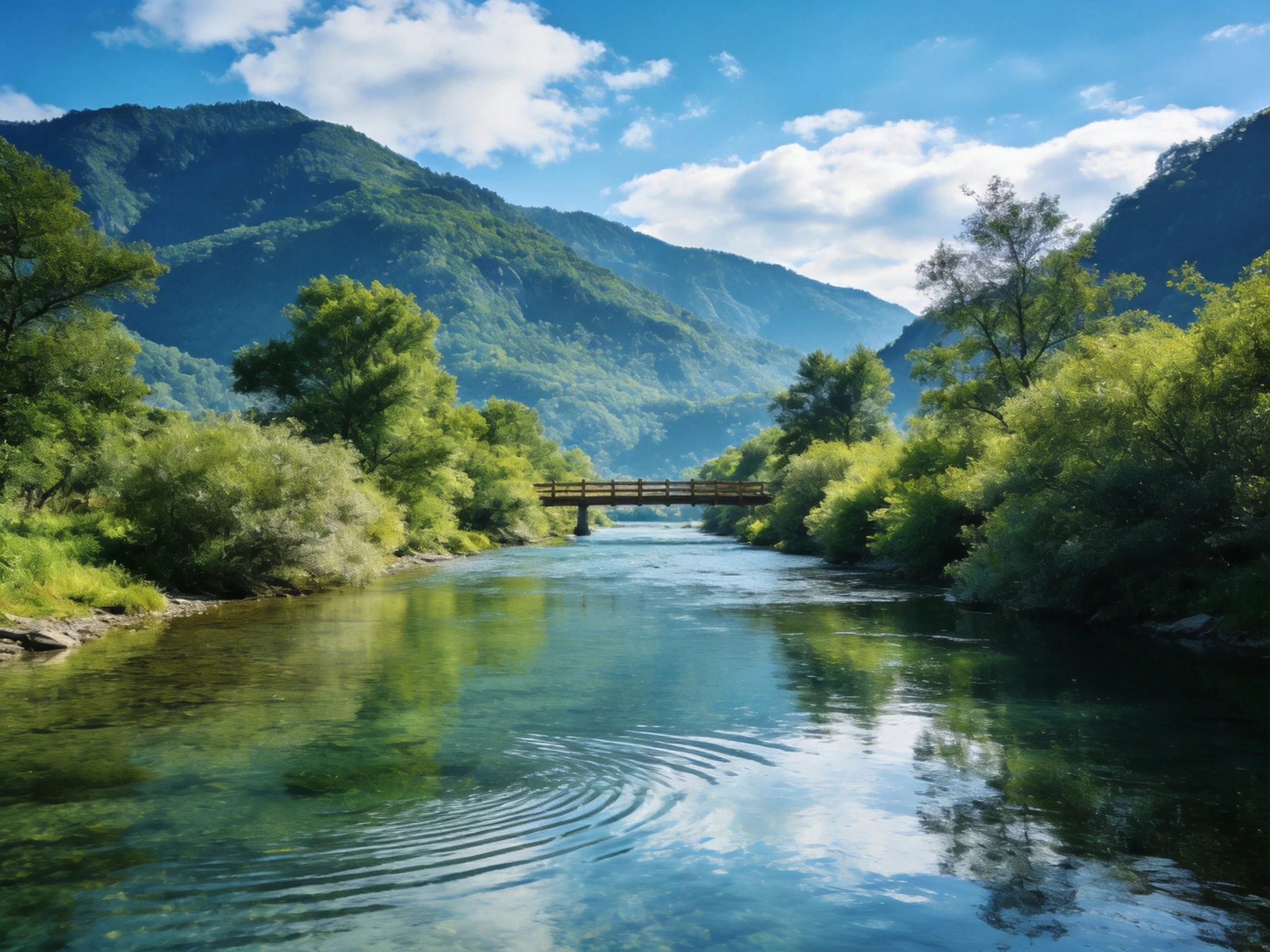 Clear river flows through lush green valley with wooden bridge